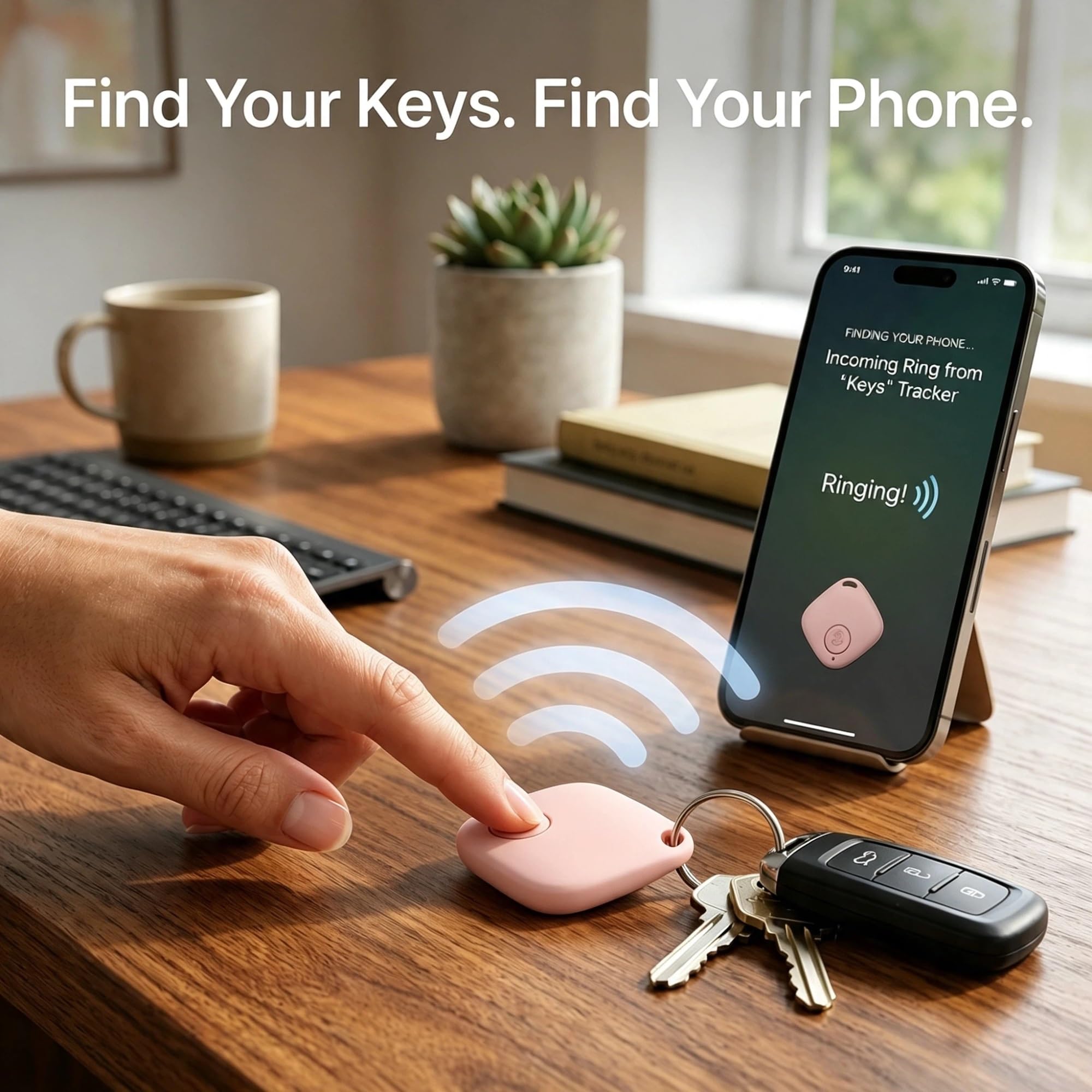 Localizzatore Bluetooth anti-smarrimento chiavi e portafoglio | Trova chiavi, telefono e bagagli con lo squillo bidirezionale e la mappa dell'ultima posizione(Pink)