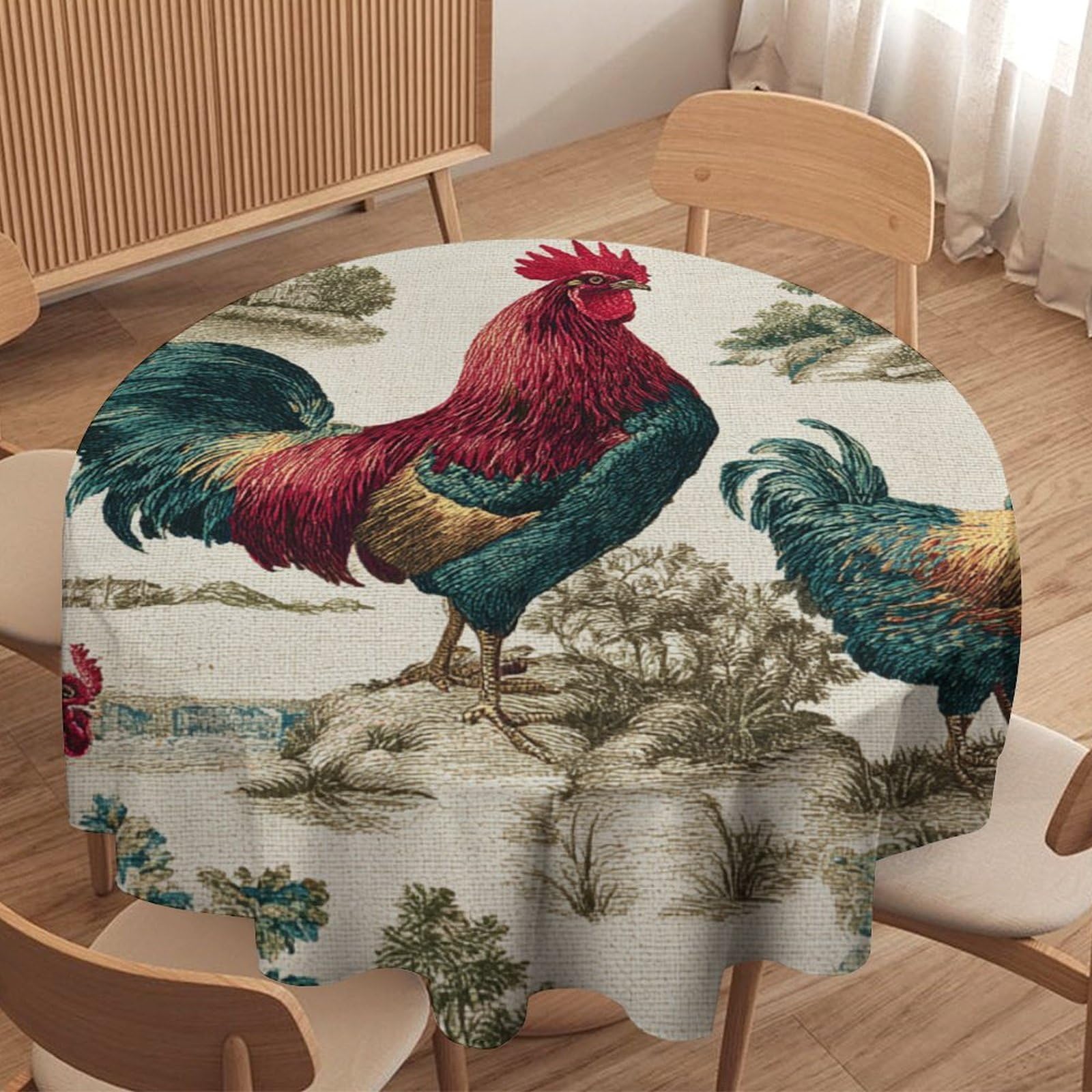 LUYYSKY Beautiful Abstract Animal Rooster Round Tablecloth Retro Classic Farm Plant Flowers Chicken Print Washable Decor for Table Cover for Kitchen-177.8" Wx177.8 L cm