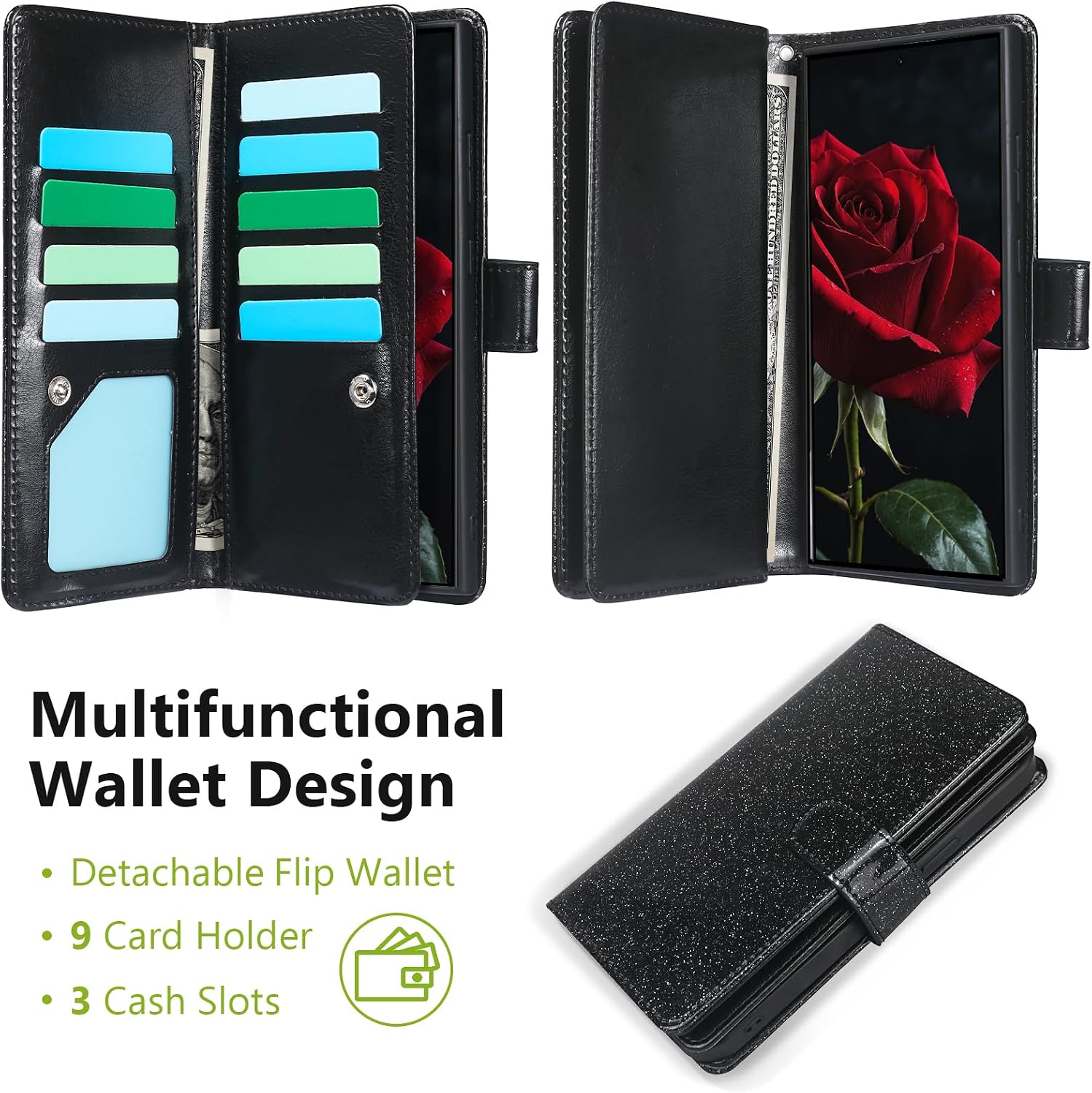 Varikke for Galaxy S22 Ultra Wallet Case Detachable with Card Holder for Women, Glitter PU Leather Strap Magnetic Flip Wallet Removable Phone Case Cover for Samsung Galaxy S22 Ultra 5G 6.8", Black
