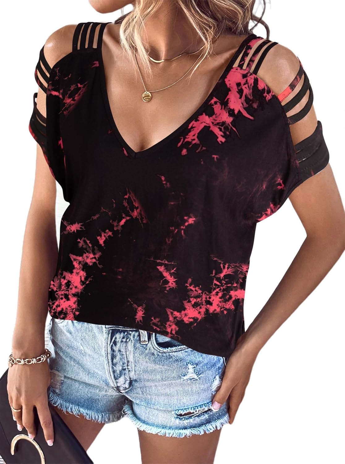 Remidoo Cold Shoulder Tops for Women V Neck Sexy Tops Short Sleeve Tie Dye Shirt Concert Outfits - Image 3