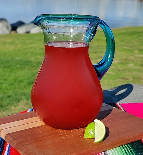 Miniatura 4 de Jarra mexicana de vidrio soplado a mano, borde y mango Aqua (84 oz)