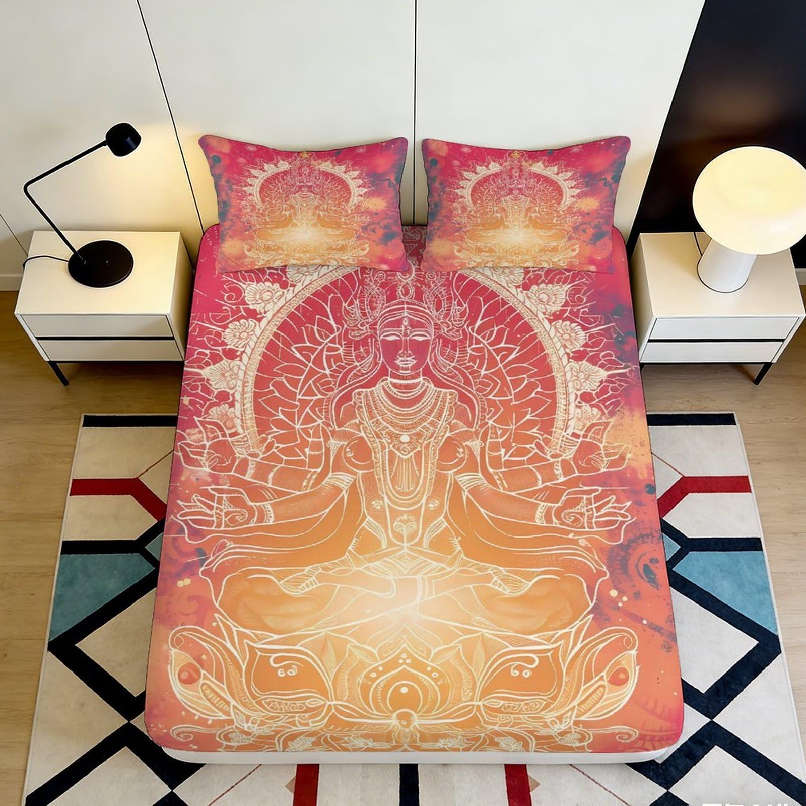 3D Printed Orange Lotus Fitted Sheet Microfiber Soft Breathable Meditating Buddha Bed Cover for Bedroom Dormitory Guest Room Mattress Protection Decor 160x200x25cm