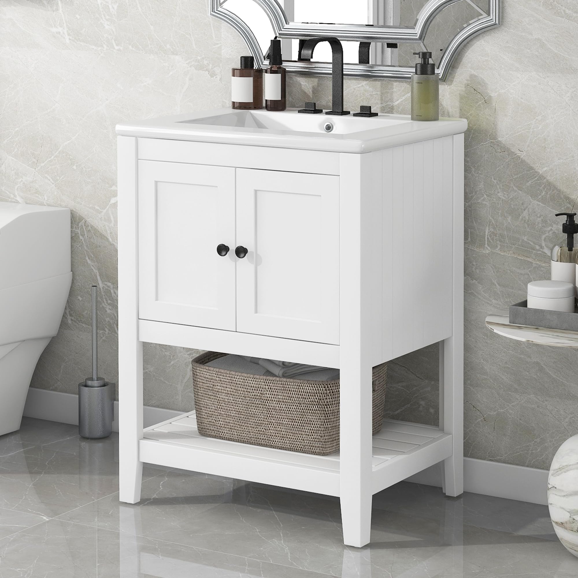 Harper & Bright Designs 24" Bathroom Vanity with Sink, Free Standing Vanity Set with 2 Door, One Shelf, and Open Bottom Shelf, Wood Bathroom Cabinet