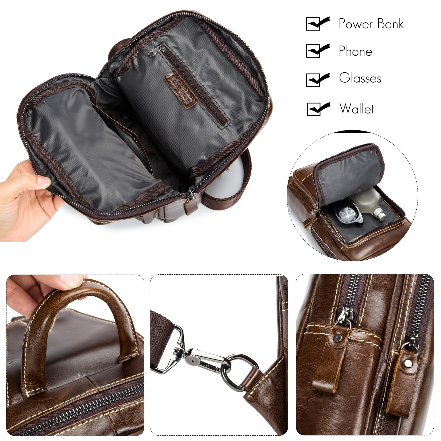 FANDARE Zaino A Tracolla In Vera Pelle Per Uomo, Stile Vintage Con Cintura Regolabile, Borsa A Tracolla Toracica Per Escursionismo, Ciclismo, Viaggi E Campeggio