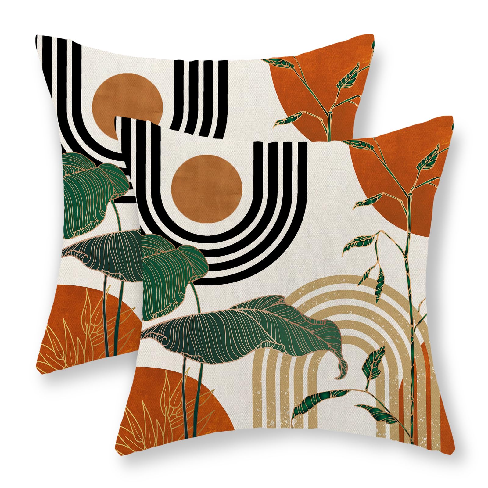 JEFERSO Boho Orange Pillow Covers 20x20 Set of 2 Gold Green Leaf Tropical Mid Century Throw Pillows Outdoor Bohemian Abstract Modern Decorative Pillowcase Farmhouse Cushion Case for Couch Sofa Decor — image 1
