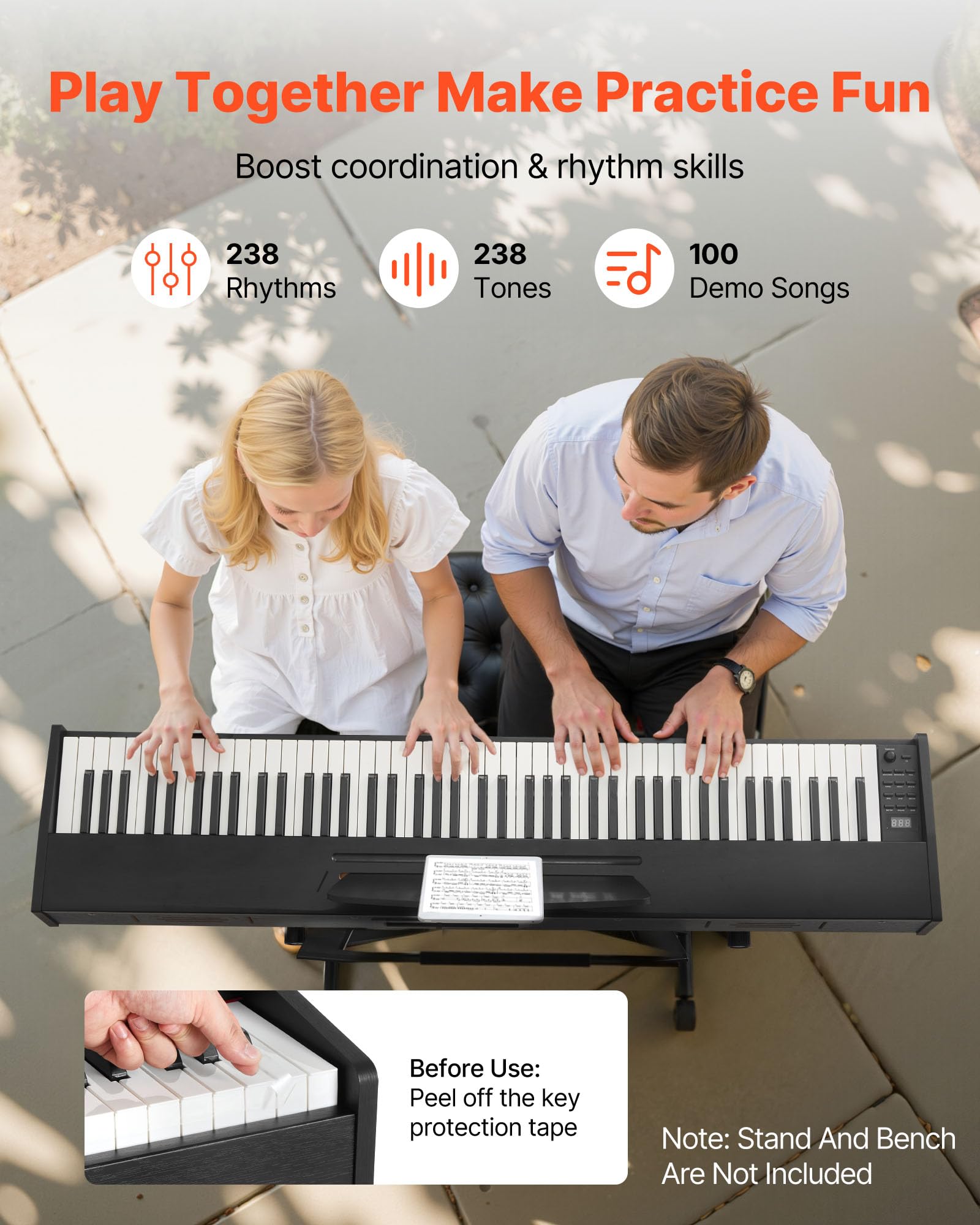 VEVOR Piano Digital de 88 Teclas Contrapesadas, Modo de Teclado Dual, Altavoces, Pedal de Sustain, Función de Grabación, 238 Tonos, Conexión Inalámbrica, para Principiantes, Negro, sin Soporte