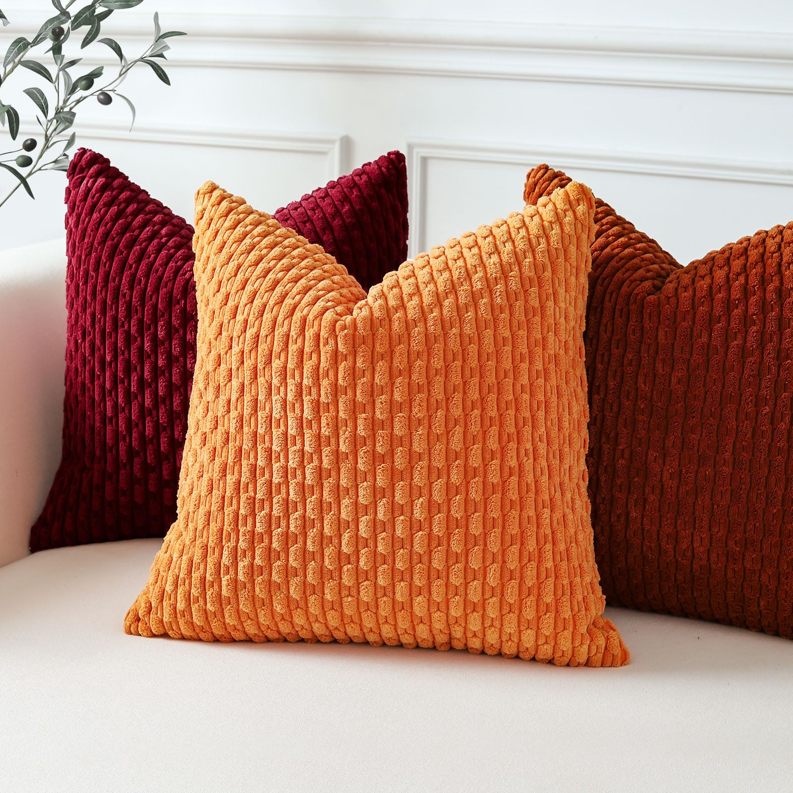 Sungeek Set of 2 Orange Soft Corduroy Decorative Cushion Covers Boho Striped Throw Pillow Covers for Sofa Couch Living Room Patio Farmhouse Home Decor Pillowcases 40x40cm - Image 2