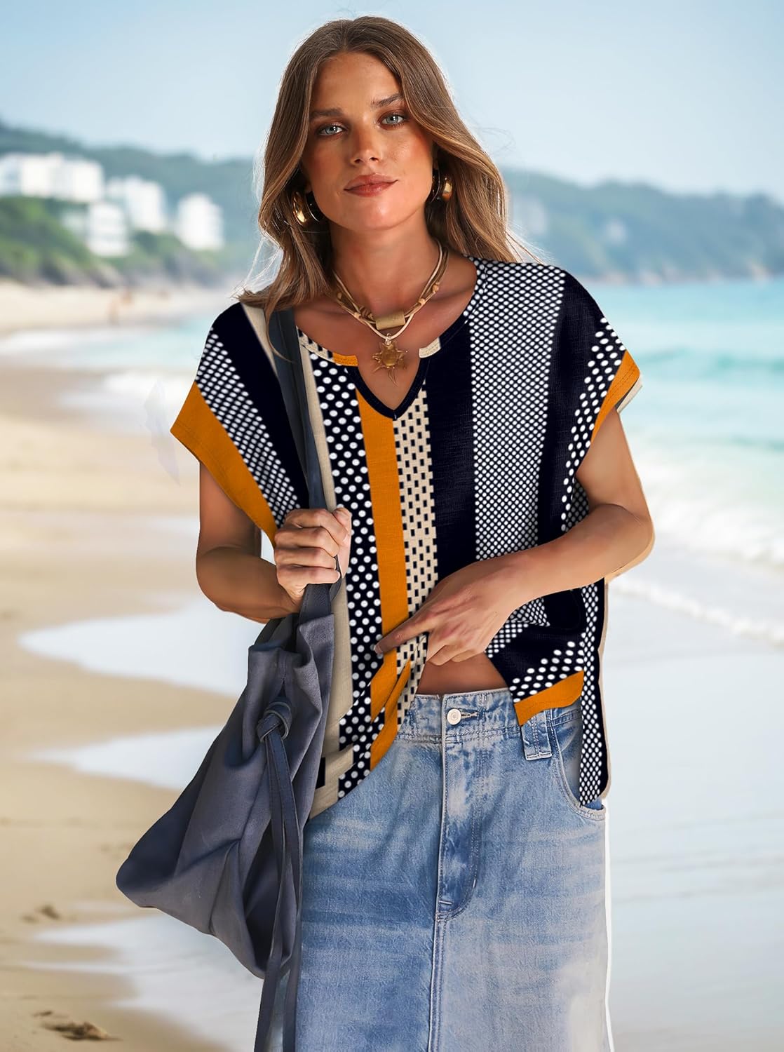 OFEEFAN Women's Cap Sleeve Shirts Casual Summer V Neck Tunic Tops Loose Tshirts Side Slit S-3XL - Image 5