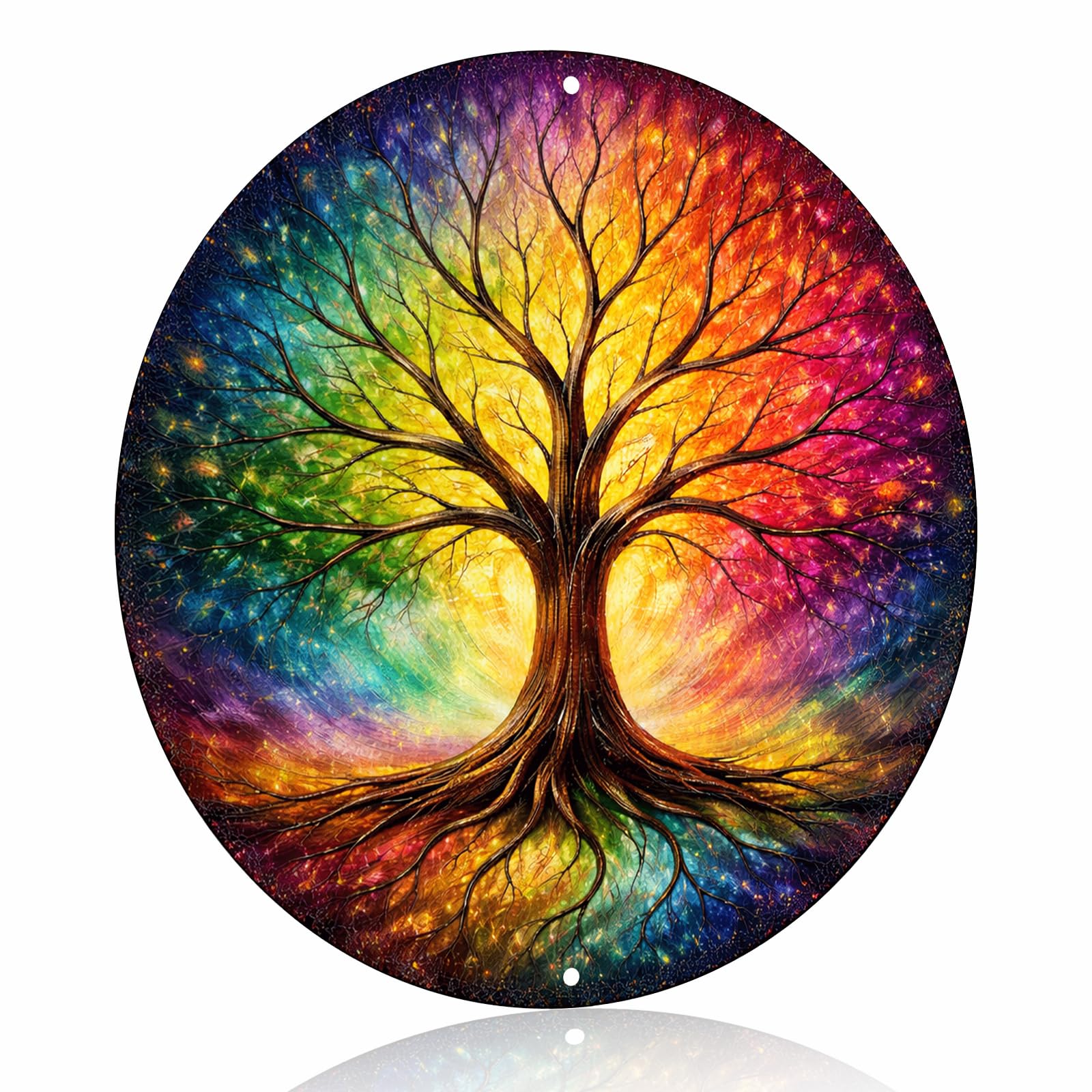 Yiruhe Rainbow Tree of Life Metal Sign – Spiritual Vintage Round Aluminum Wall Art for Meditation Room Yoga Studio Living Room Healing Space, 8x8 Inches (26070)