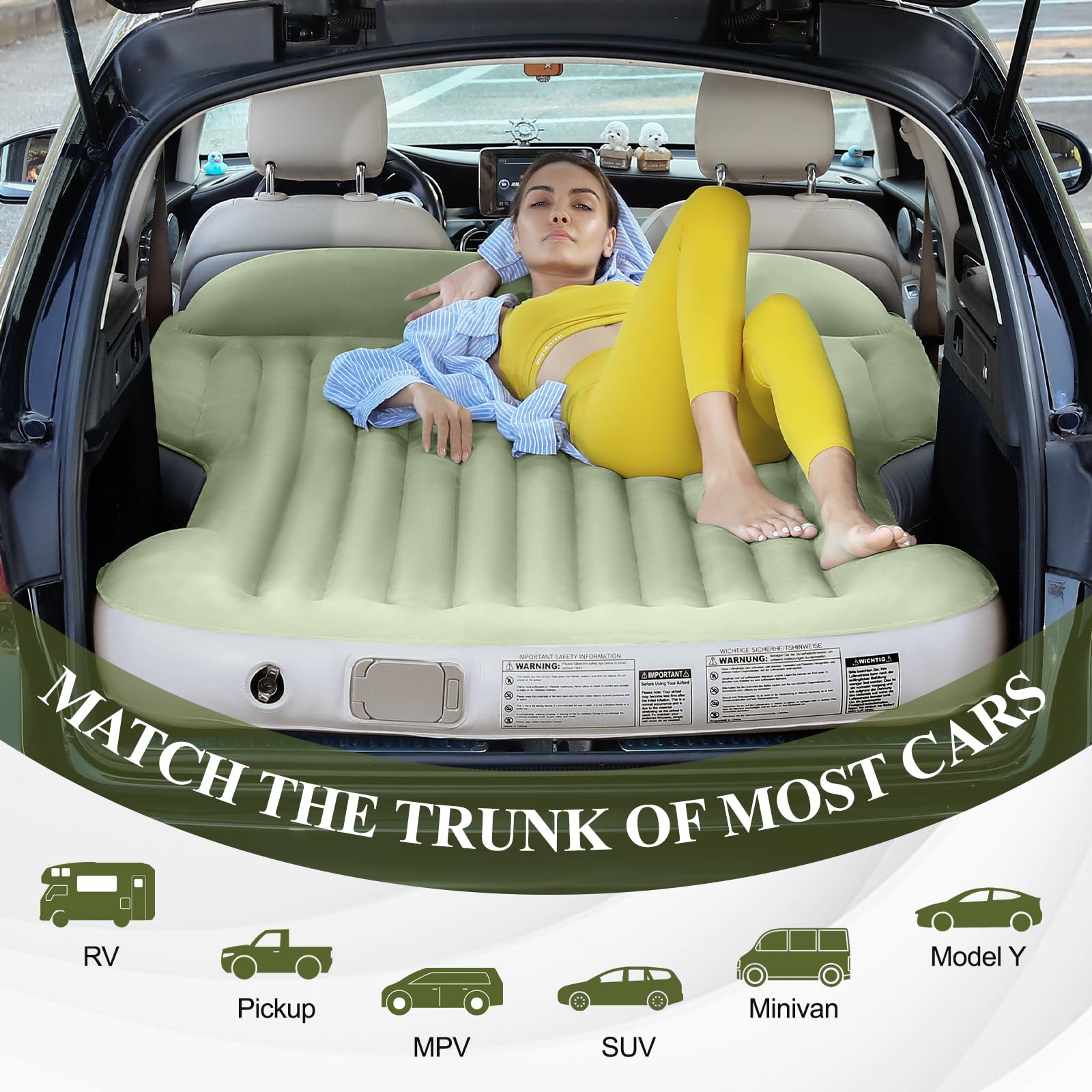 KMZ Nadmuchiwany materac dmuchany do SUV-ów ze zintegrowaną pompką, grubsze flokowanie, samopompujące, przenośne łóżko dmuchane do SUV, MPV, kemping, do aktywności na świeżym powietrzu, szybkie