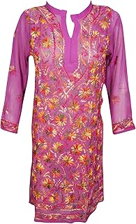 Mogul Interior Womens Tunic Top Georgette Floral Embroidered Bohemian Indian Kurtis Dresses (Pink 1, Medium)