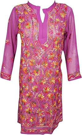 Mogul Interior Womens Tunic Top Georgette Floral Embroidered Bohemian Indian Kurtis Dresses (Pink 1, Medium)