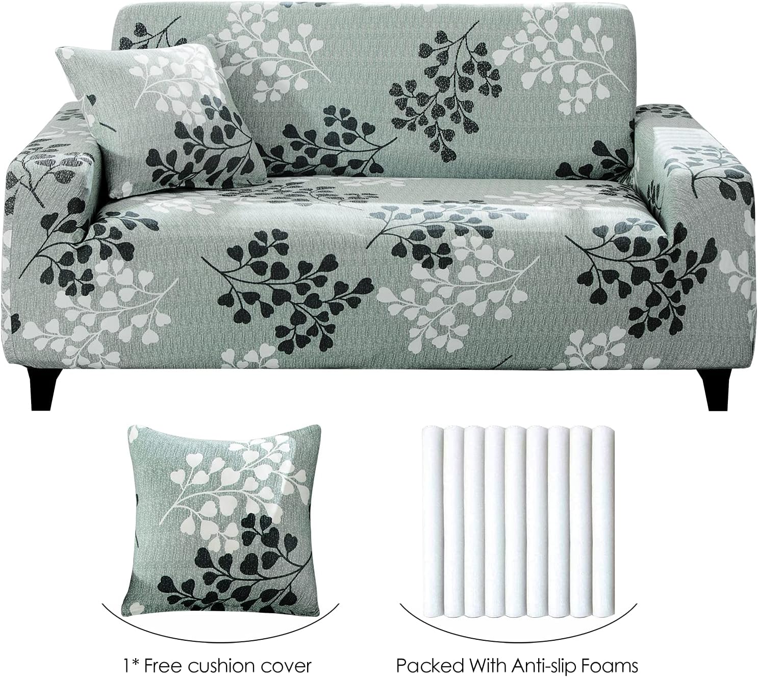 HOTNIU Stretch Sofa Cover Printed Couch Covers Loveseat Slipcovers for 2 Cushion Couches Sofas Elastic Universal Furniture Protector with 1 Free Pillowcase (Medium, Cyan Grey Leaves) : Home & Kitchen