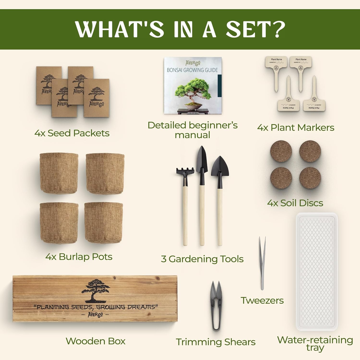 Avergo Bonsai Tree Kit – 4X Unique Japanese Bonzai Trees | Complete Indoor Starter Kit for Growing Bonsai Plants with Tools & Planters – Gardening Gifts for Women & Men