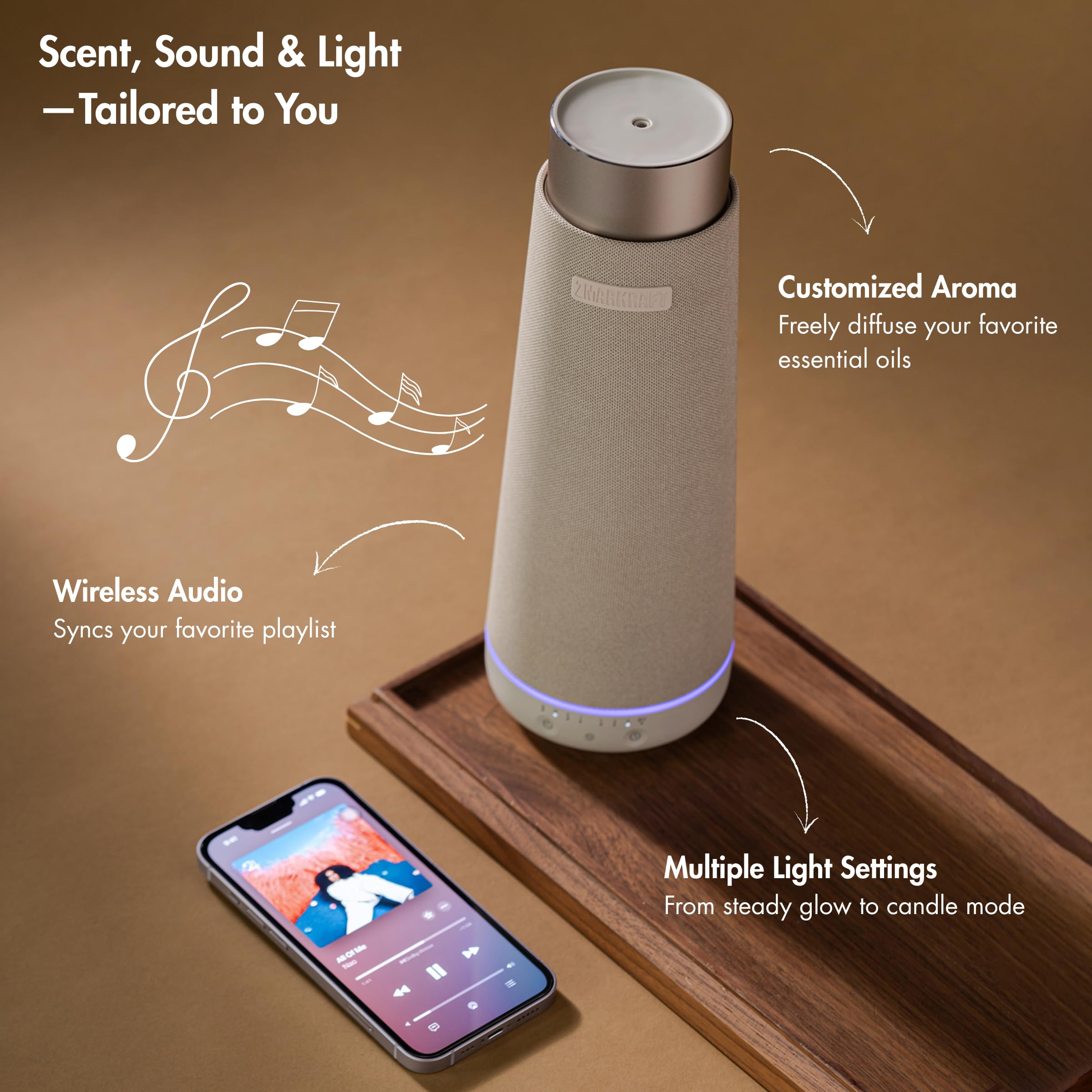 Difusor de aceite esencial sin agua con altavoz integrado | 3 niveles de niebla, audio inalámbrico, luces LED ambientales, exterior estético, para todos los tamaños de habitación