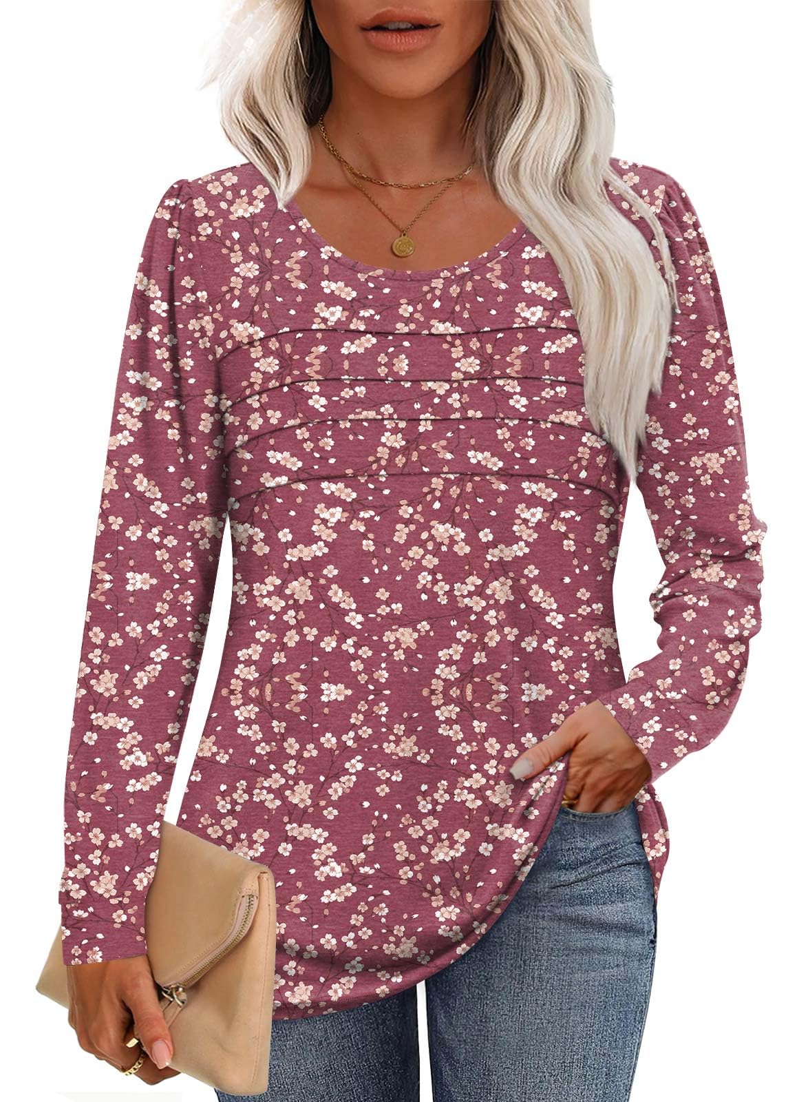 Anydoll Womens Long Sleeve Tops Fall Fashion Causal Blouse Dressy Shirts Trendy Pleated Tunic for Legging