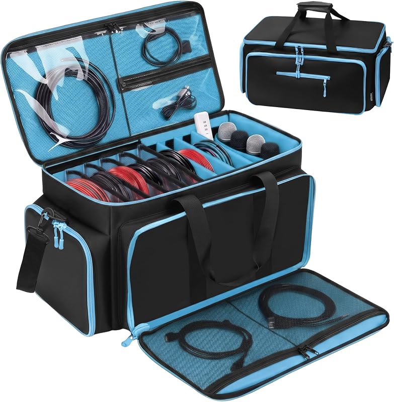 MYDAYS Bolsa grande para cables de DJ, bolsa para equipos y accesorios de música con divisores desmontables, almohadilla inferior, bolsas para conciertos de DJ para músicos, profesionales, viajes (azul)