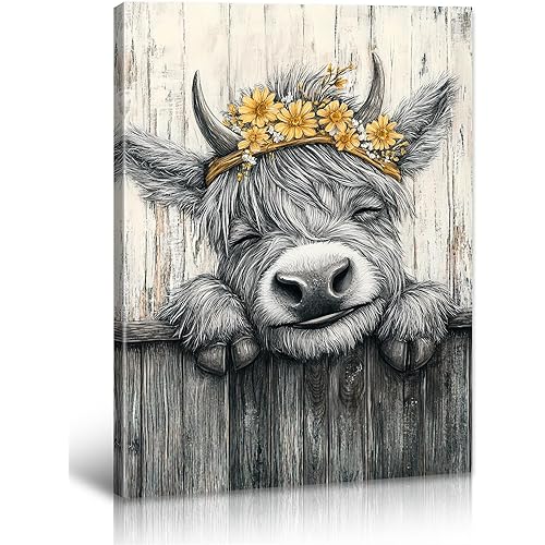 BLINFEIRU Funny Highland Cow Canvas Wall Art Prints, Cute Baby Highland Cow Pictures for Bathroom Wall Decor, Rustic Farmhouse Animal Cattle Painting, Western Home Bedroom Artwork Framed 16"x12"