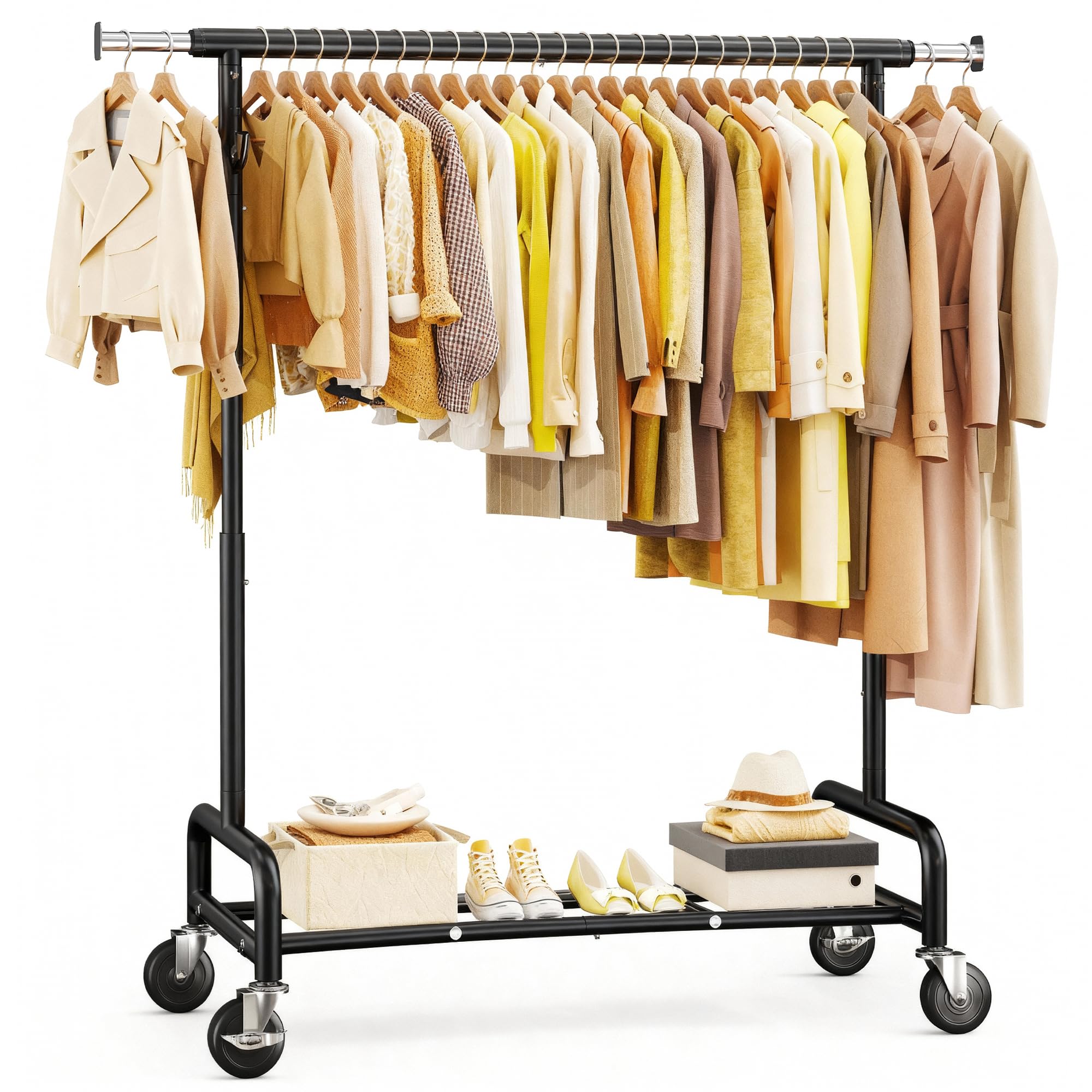 75" W Heavy Duty Clothes Rack Load 450 LBS, Metal Garment Storage with Shelf, Lockable Wheels & Anti-Slip Stoppers, Rolling Clothing Rack for Bedroom Laundry Room, Black