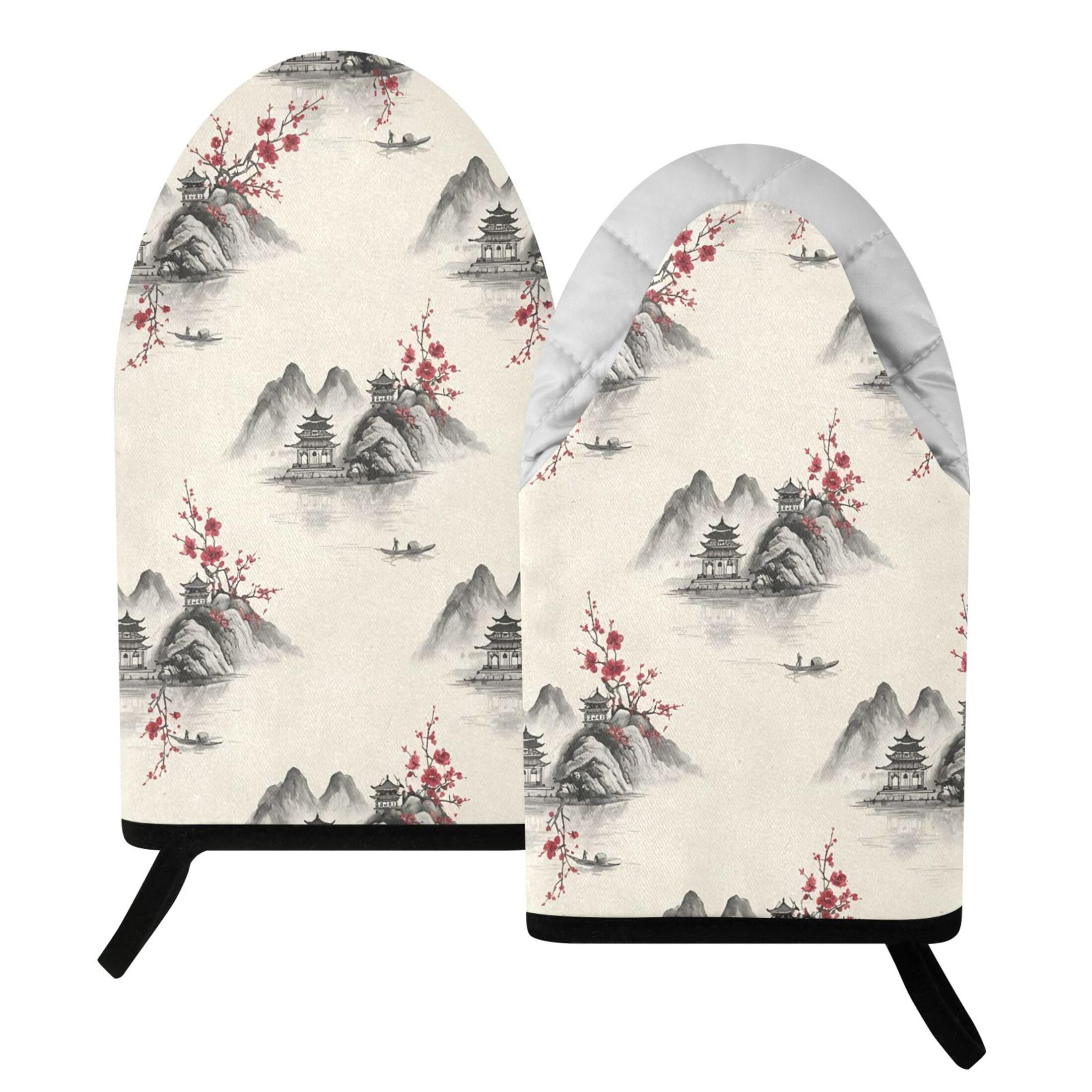 Kutsu Mountain Oven Mitts for Kitchen, Heat Resistant Cotton Oven Gloves for BBQ Baking Cooking, Breathable Kitchen Essentials, 2 pcs