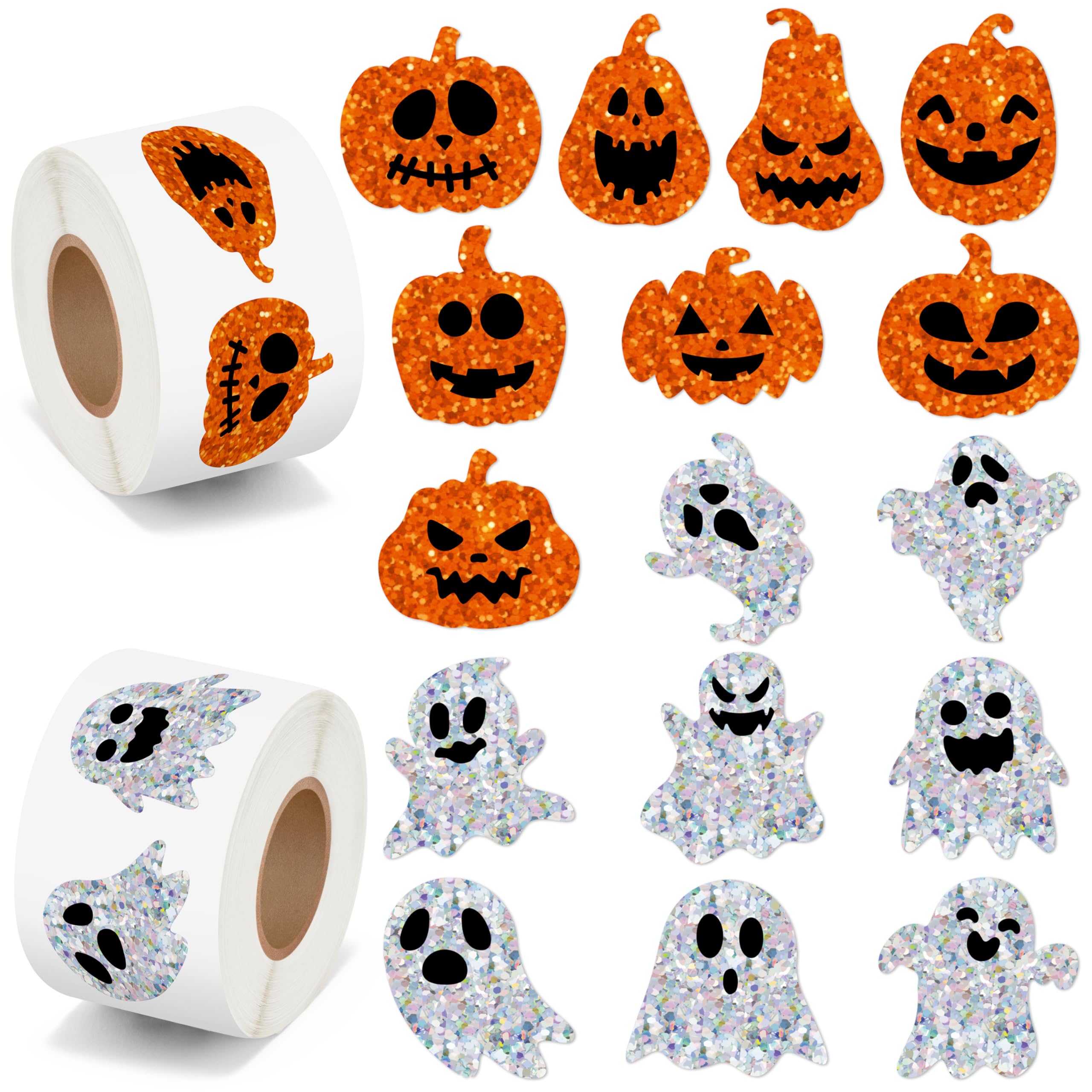 BeYumi Halloween Pumpkin Ghost Stickers - 1000Pcs Halloween Laser Pumpkin Ghost Boo Stickers in 2 Rolls Holographic Sparkly Glitter Adhesive Decals Gift Party School Classroom Envelope Decor for Kids