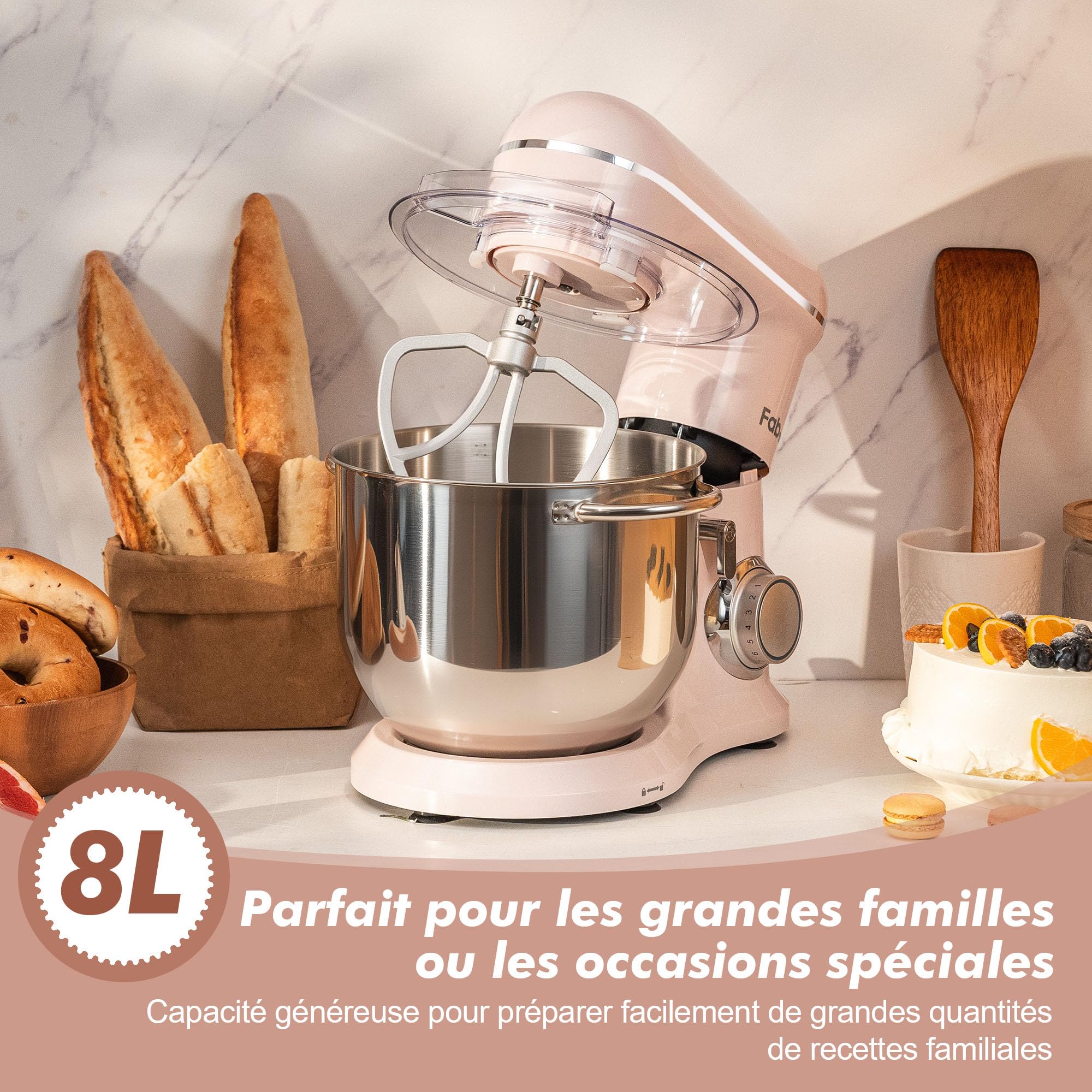 Fab by Kitchen in the box Robot Pâtissier 8L Grande Capacité, Batteur sur Socle 2000W, Pétrin Professionnel avec Fouet, Batteur Plat, Crochet Pétrisseur, 10 Vitesses + Pulse, Bol Inox