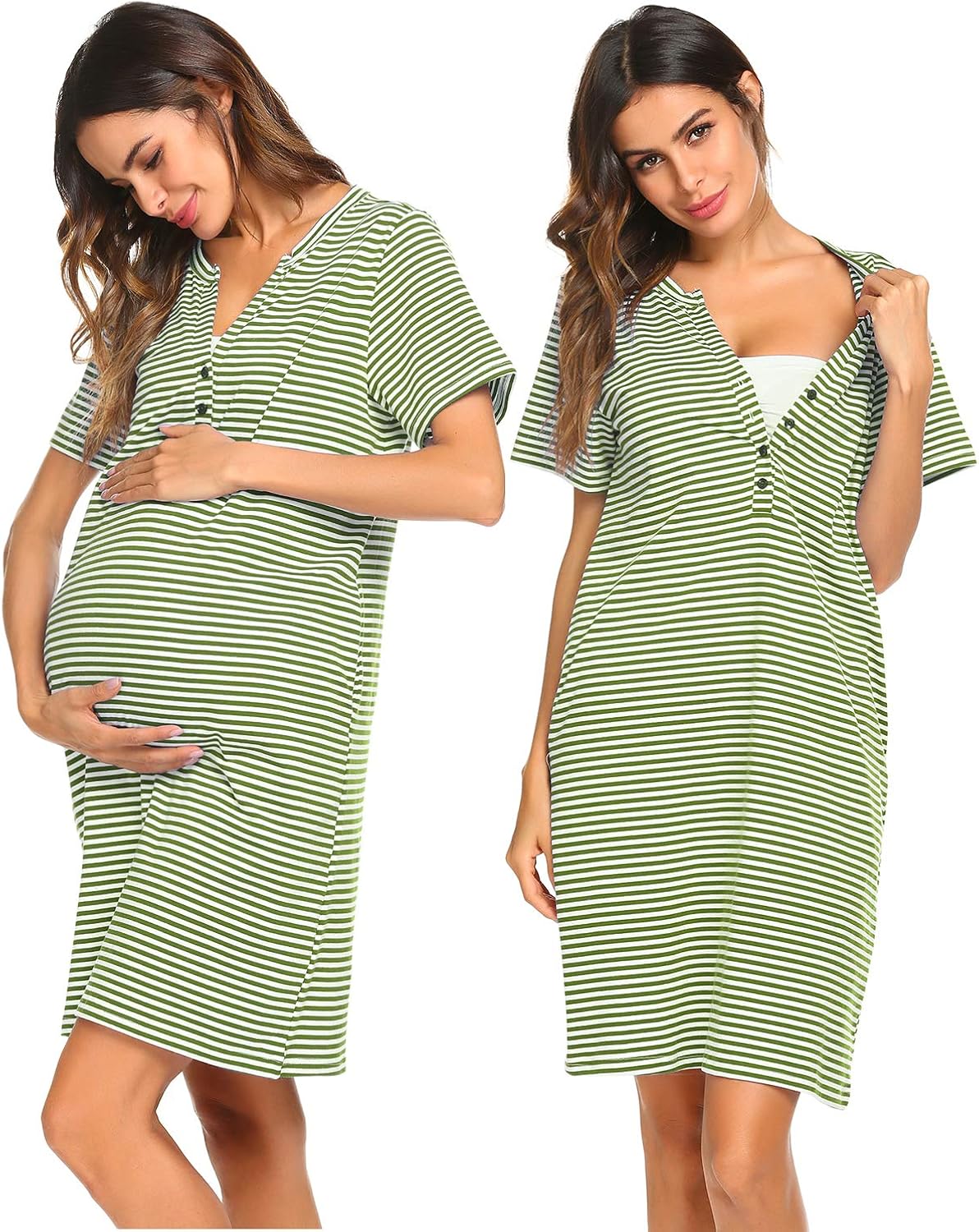 Ekouaer Women Short Sleeve Nightgown Striped Nursing Nightgown Breastfeeding Sleep Dress