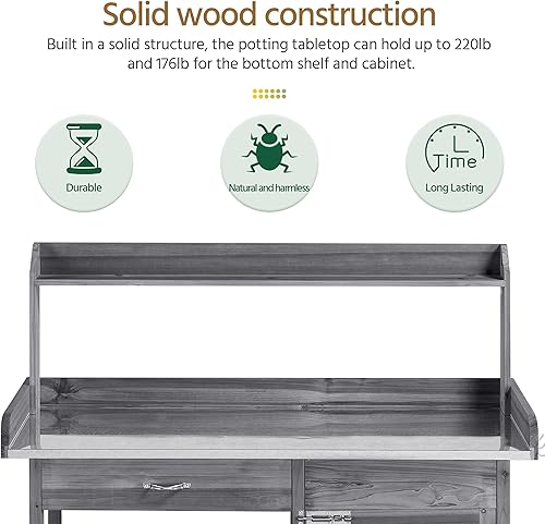 Miniatura 3 de Topeakmart Banco para macetas de jardín, estación de trabajo de madera, mesa para macetas de madera al aire libre, estante superior, estante