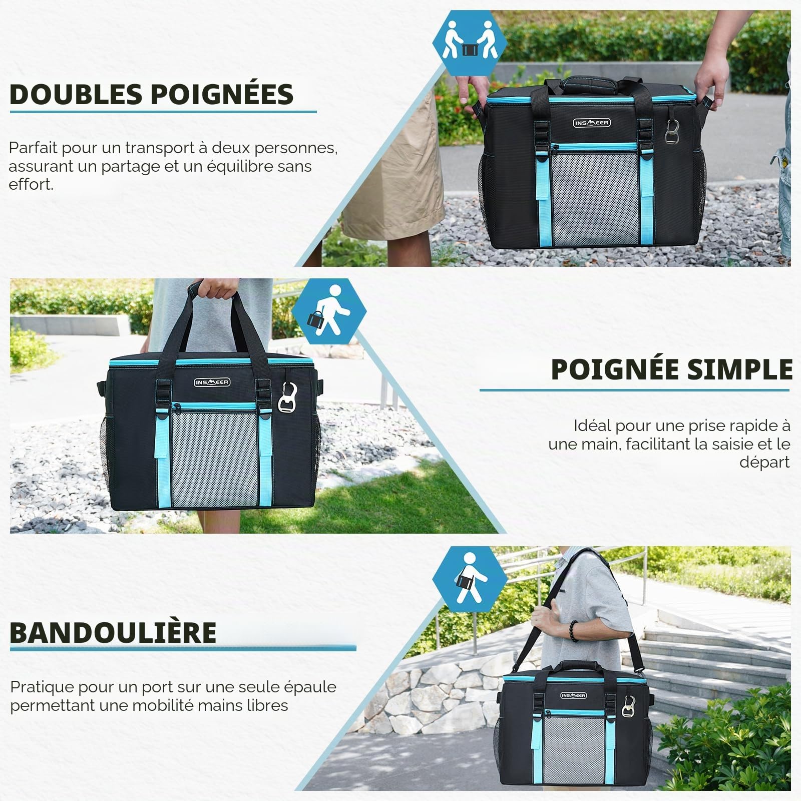 INSMEER Sac isotherme grand 50 L, sacs isothermes pliables pour 80 canettes, étanche/avec ouvre-bouteille intégré, sac de pique-nique/boîte isotherme grande pour camping, plage, pique-nique