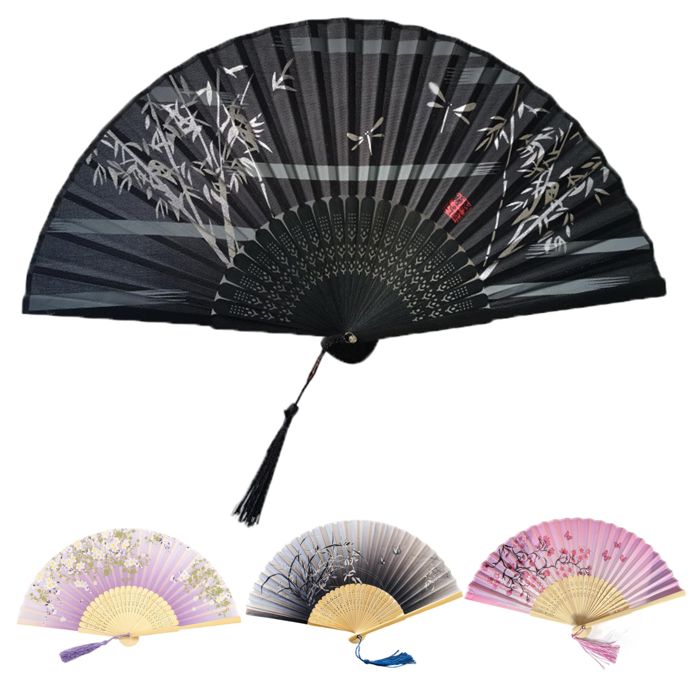 Silk Hand Fans Foldable, 4-Pack Handheld Folding Fan with Bamboo Frames