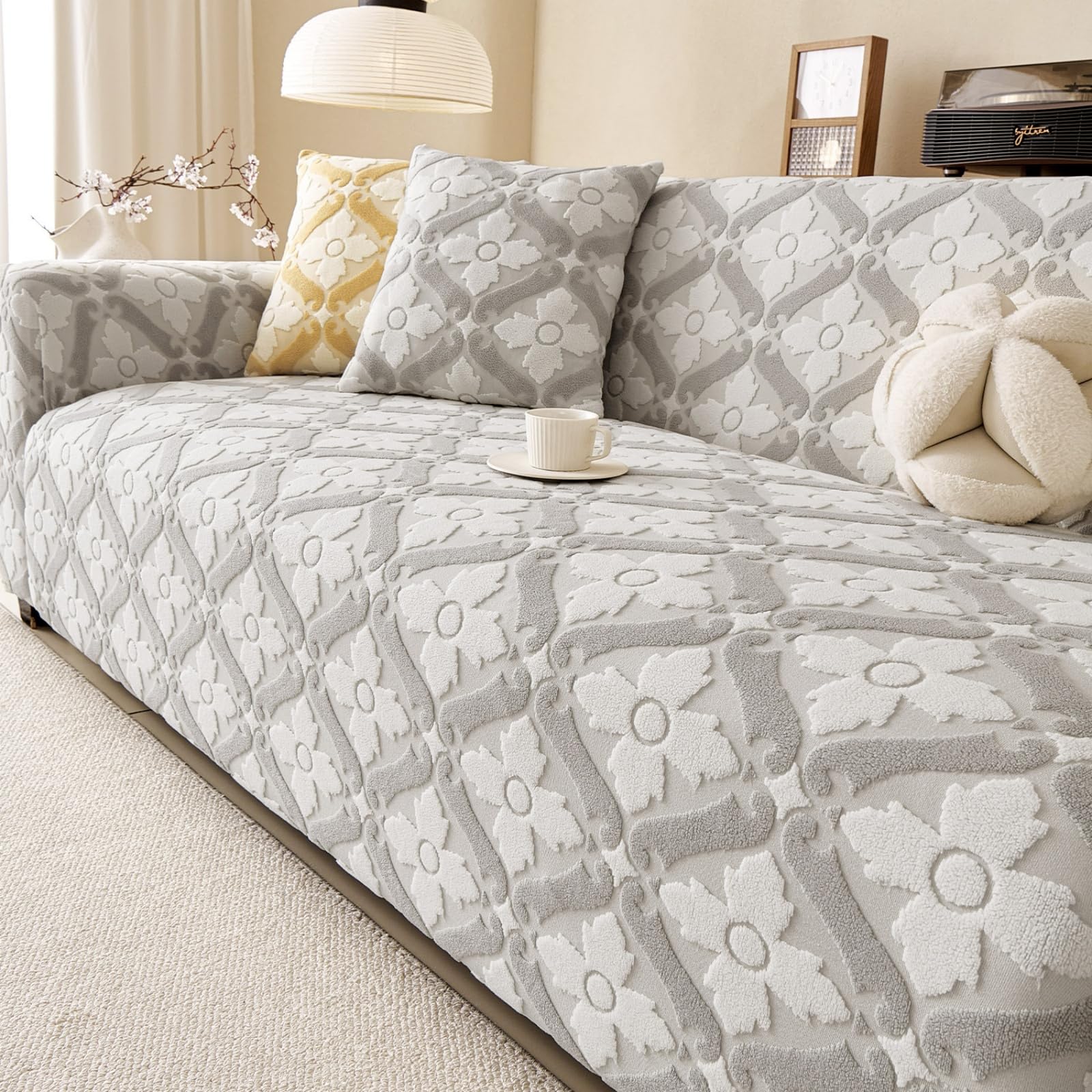 Odot Jacquard Floral Housse de Canapé 1/2/3/4 Places (Gris,4 Places)