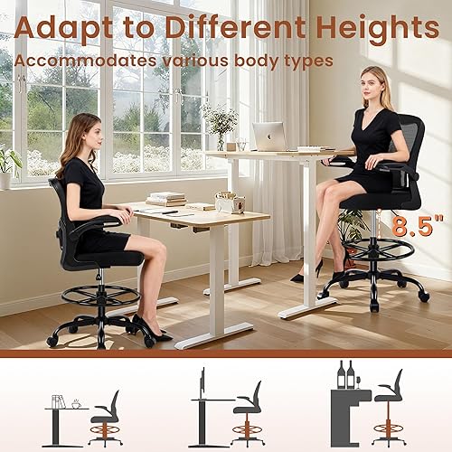 Miniatura 5 de Silla de oficina de dibujo, silla de oficina ergonómica alta con anillo reposapiés ajustable, altura de mostrador, silla de escritorio de pie con