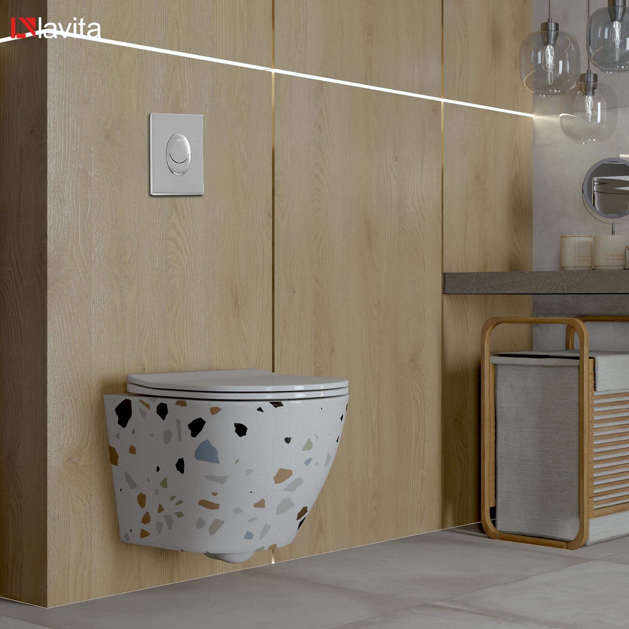 Lavita Vorwandelement Solido Start + Wand Hänge WC Sofi Slim Stone Weiß Spülrandlos + WC Sitz mit Absenkautomatik Verchromter Knopf Komplettset Unterputz Spülkasten Toilette Komplett Sett WC
