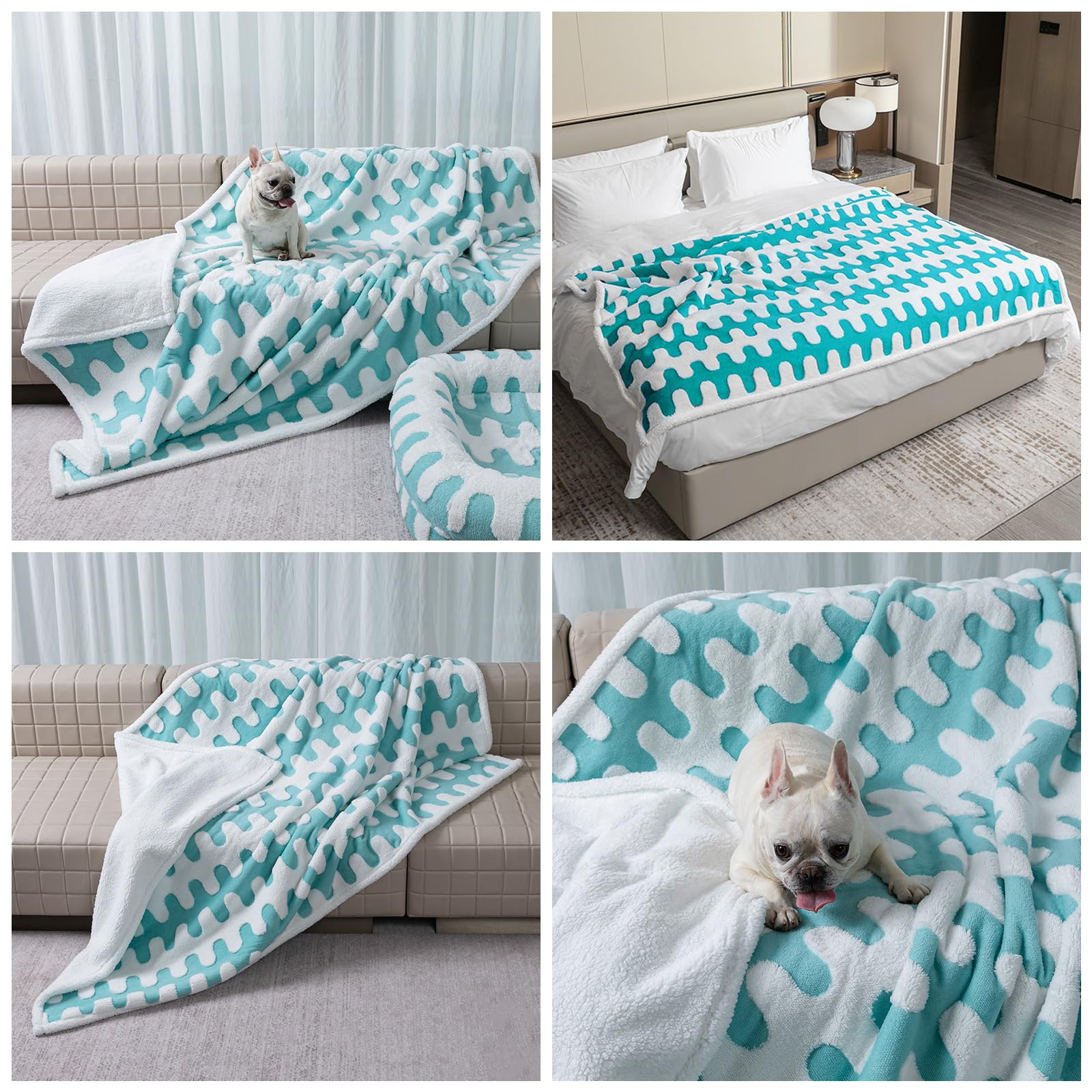 Maidewow Waterproof Pet Blanket Blue Stylish Jacquard Sharpa Fleece Dog Blankets for Bed Couch Sofa Covers Throw Blanket for Puppy Cats Furniture Protection Washable Reversible Covers (Blue Wave,M)