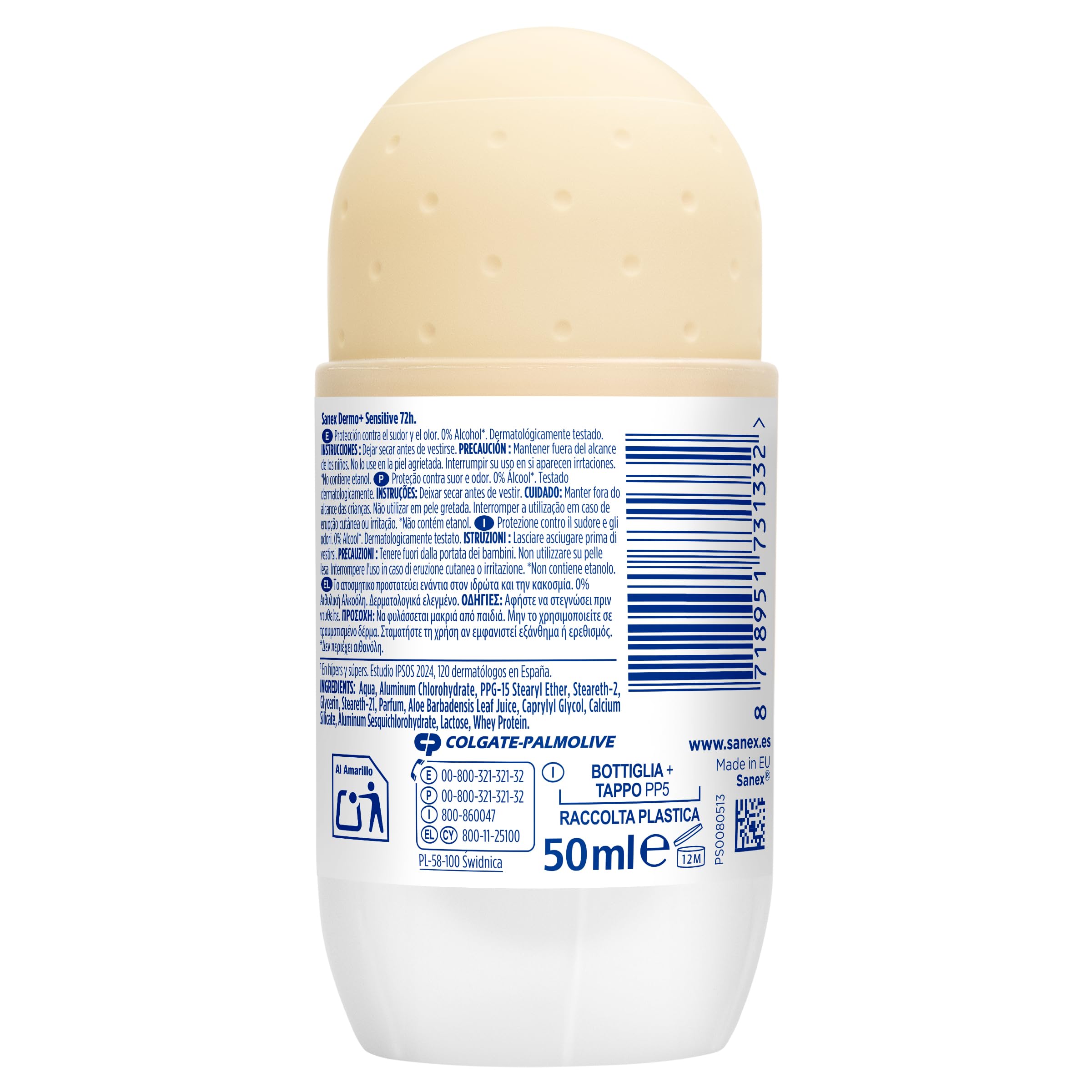 Sanex Dermo+ Sensitive Desodorante Antitranspirante Roll-On 72 Horas 50ml–protección eficaz contra el sudor y el mal olor–dermatológicamente testado – contiene 0% alcohol* – suave con la piel sensible
