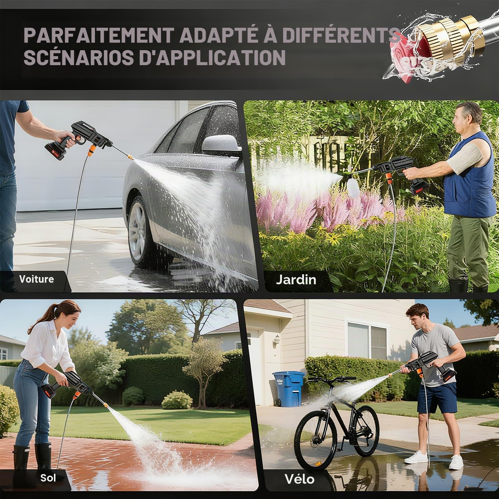 Nettoyeur Haute Pression sans Fil, 21V 1500W Batterie Rechargeable, Nettoyeur Portable avec Tuyau 5M & 2 Buses, Laveur Haute Pression pour Voiture, Jardin, Terrasse, avec Seau