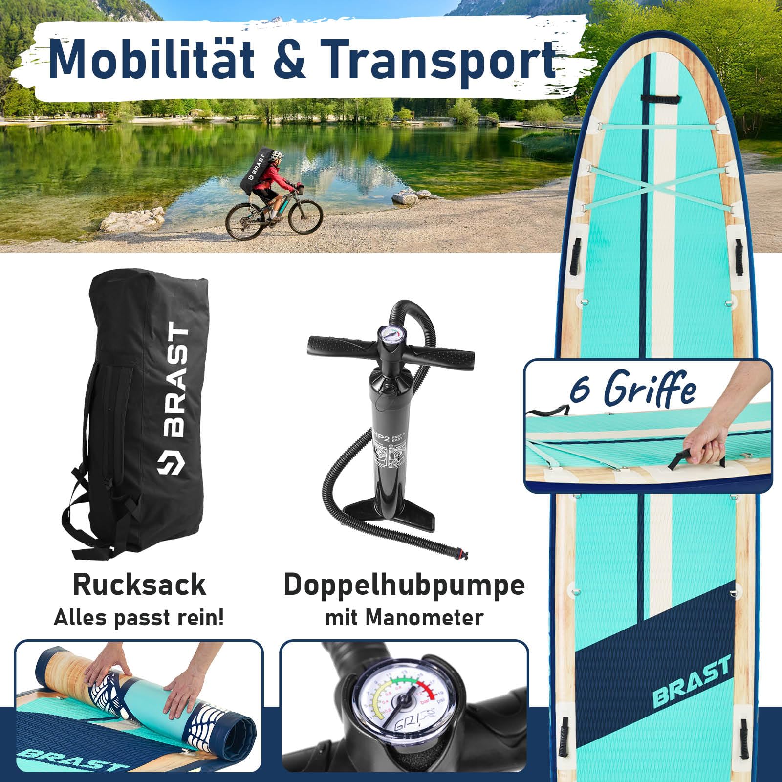BRAST SUP Board Family | Aufblasbares Stand up Paddle Set XXL | 370x87x15cm bis 250kg | 7 Designs | inkl. Zubehör 2X Kajak-Sitz 2X Fußschlaufe 2X Paddel Pumpe Rucksack