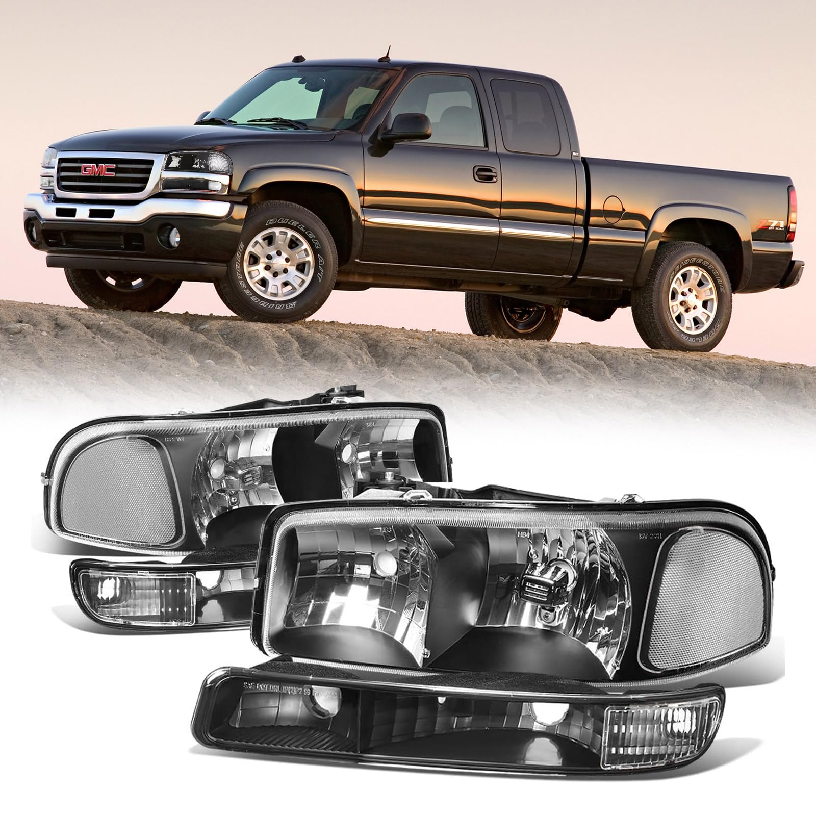Headlight Assembly Compatible with 99-07 GMC SIERRA 1500 2500 1500HD 2500HD 3500HD/ 1999-2006 YUKON 1500 2500/2001 SIERRA C3, Black Housing 4PCS