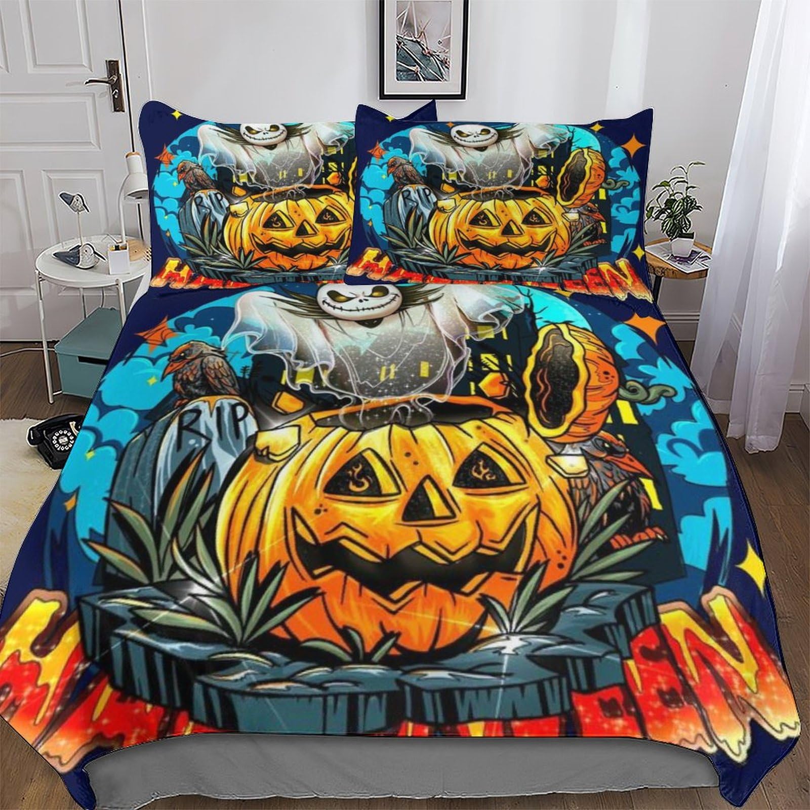 Parure de lit citrouille d'Halloween 3 pièces en microfibre King 220x240