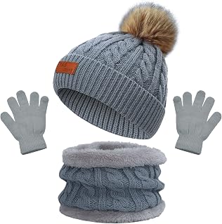 Kids Winter Warm Beanie Hat Scarf Gloves Set Thermal Knit Crochet Thick Fluffy Toddler Cap Pom Pom Bobble Hat with Faux Fur for Girls Boys Children Aged 3-8