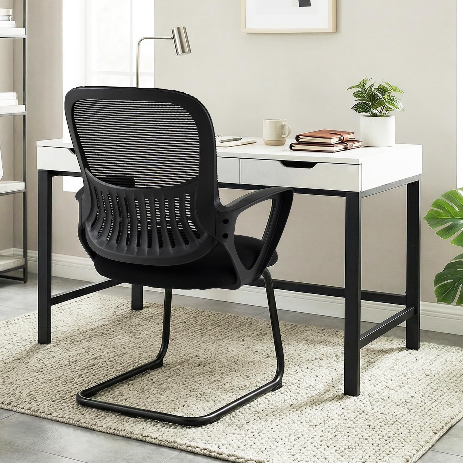 FANTASK Bürostuhl ohne Rollen 2er Set, Freischwinger Stühle mit Armlehne & Lendenwirbelstütze, Besucherstuhl bis 113kg, Konferenzstühle für Büro, Konferenzraum, Arbeitszimmer