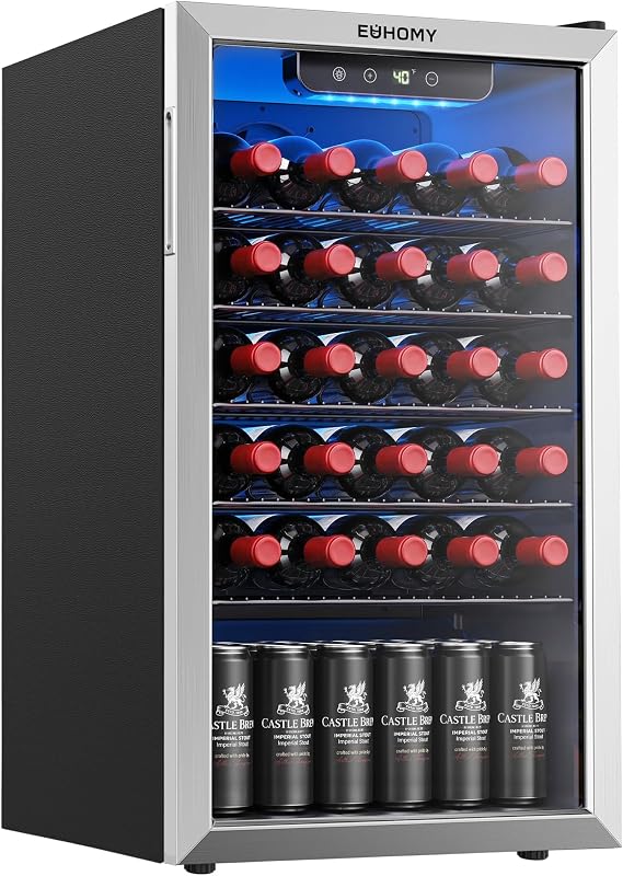 Wine Cooler, 128 Can Wine Fridge with Glass Door for Soda Beer or Wine, Mini Fridge for Home, Office, Bar with Removable Shelves, Silver