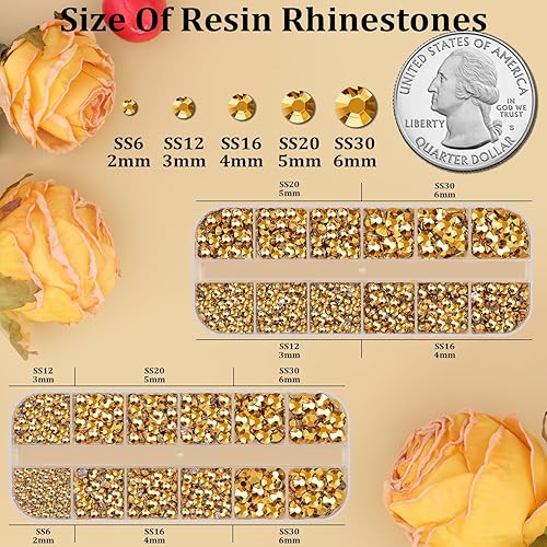 Miniatura 2 de Kit de diamantes de imitación de resina, 3 cajas de oro transparente de 23450.236 in, parte trasera plana, diamantes de imitación de gelatina