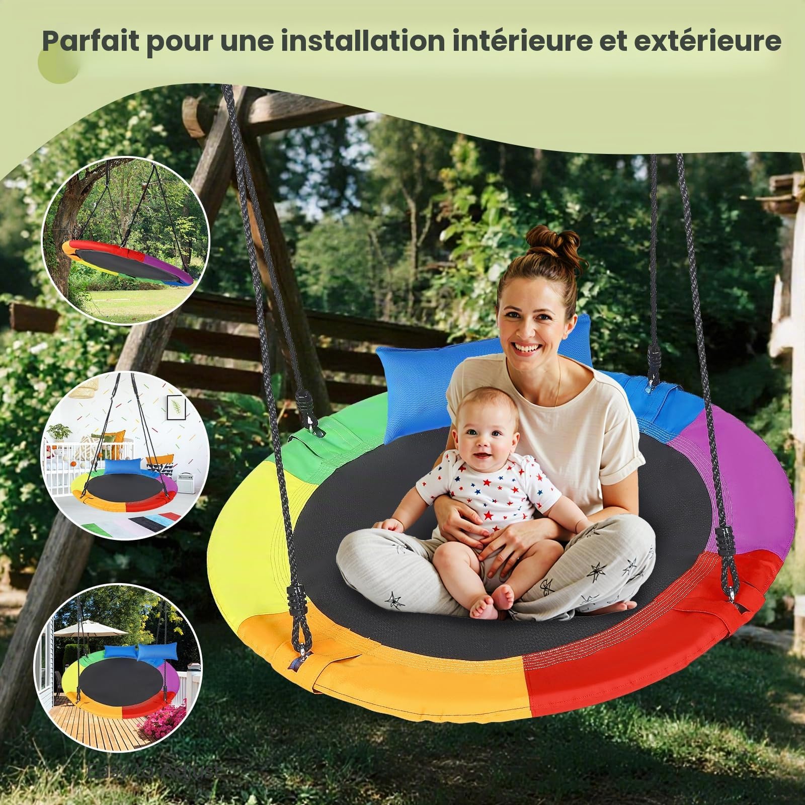 Balançoire Nid & Ronde 120 cm avec Coussin Amovible, Charge maximale 300kg