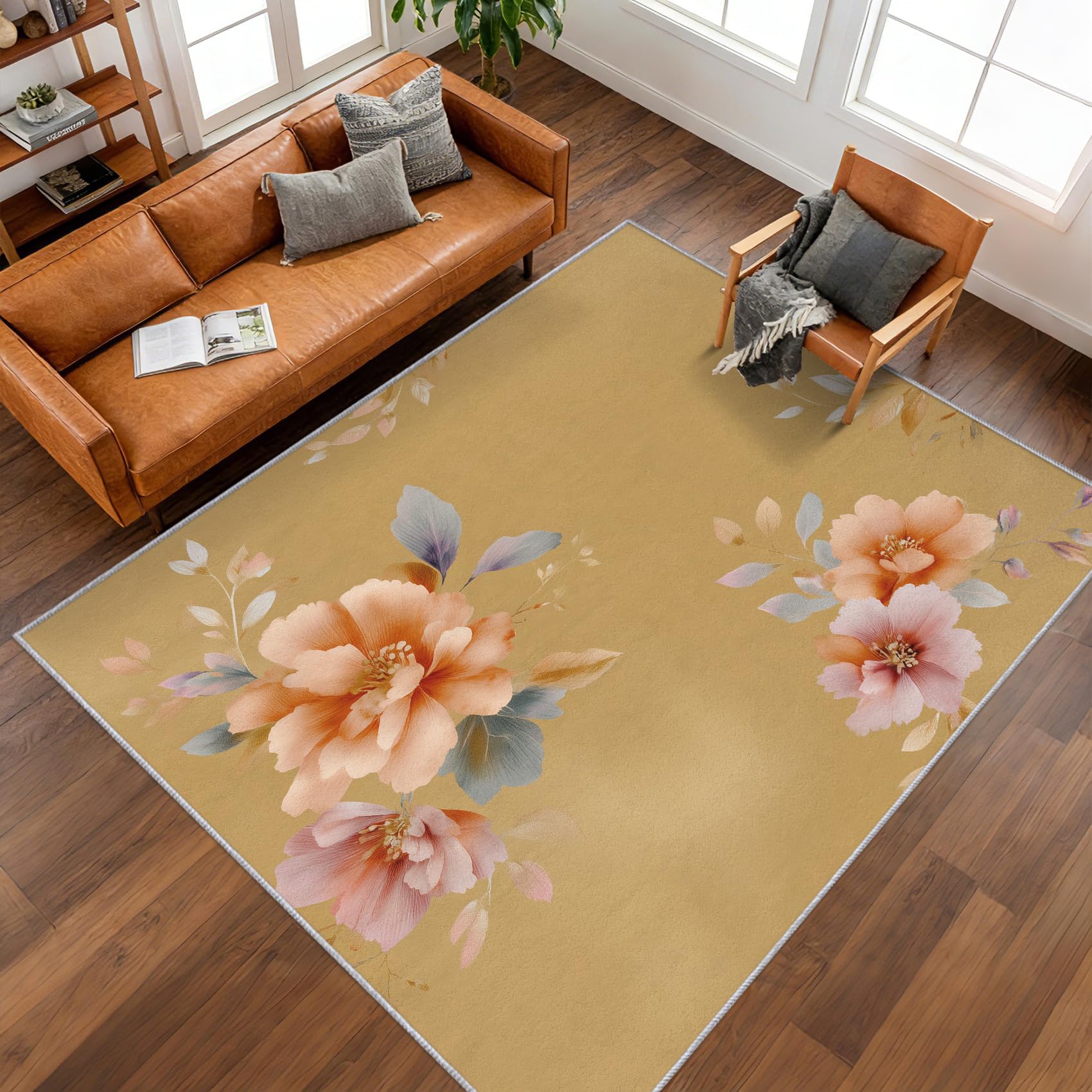 Tapis Salon Pivoine Rose Vintage 180x240cm - Moquette Poils Courts Antidérapant