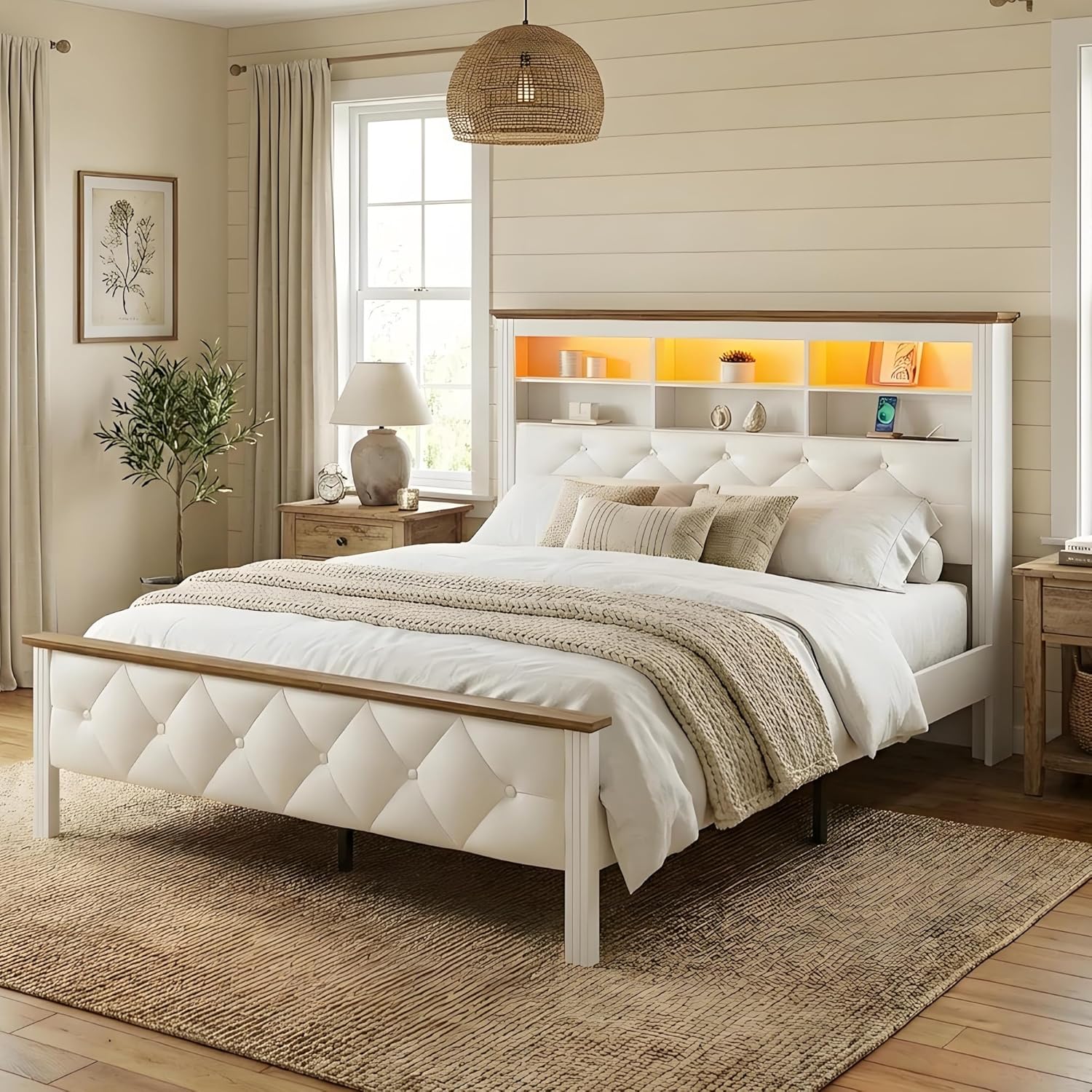 RALGEND Farmhouse Queen Bed Frame with 51" Storage Headboard, Upholstered Platform, Charging Station & LED Lights, White/Walnut