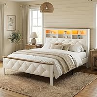 RALGEND Farmhouse Queen Bed Frame with 51" Storage Headboard, Upholstered Platform, Charging Station & LED Lights, White/Walnut