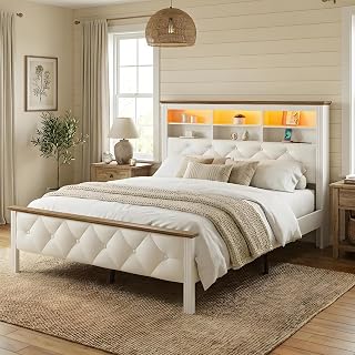 RALGEND Farmhouse Queen Bed Frame with 51" Storage Headboard, Upholstered Platform, Charging Station & LED Lights, White/Walnut