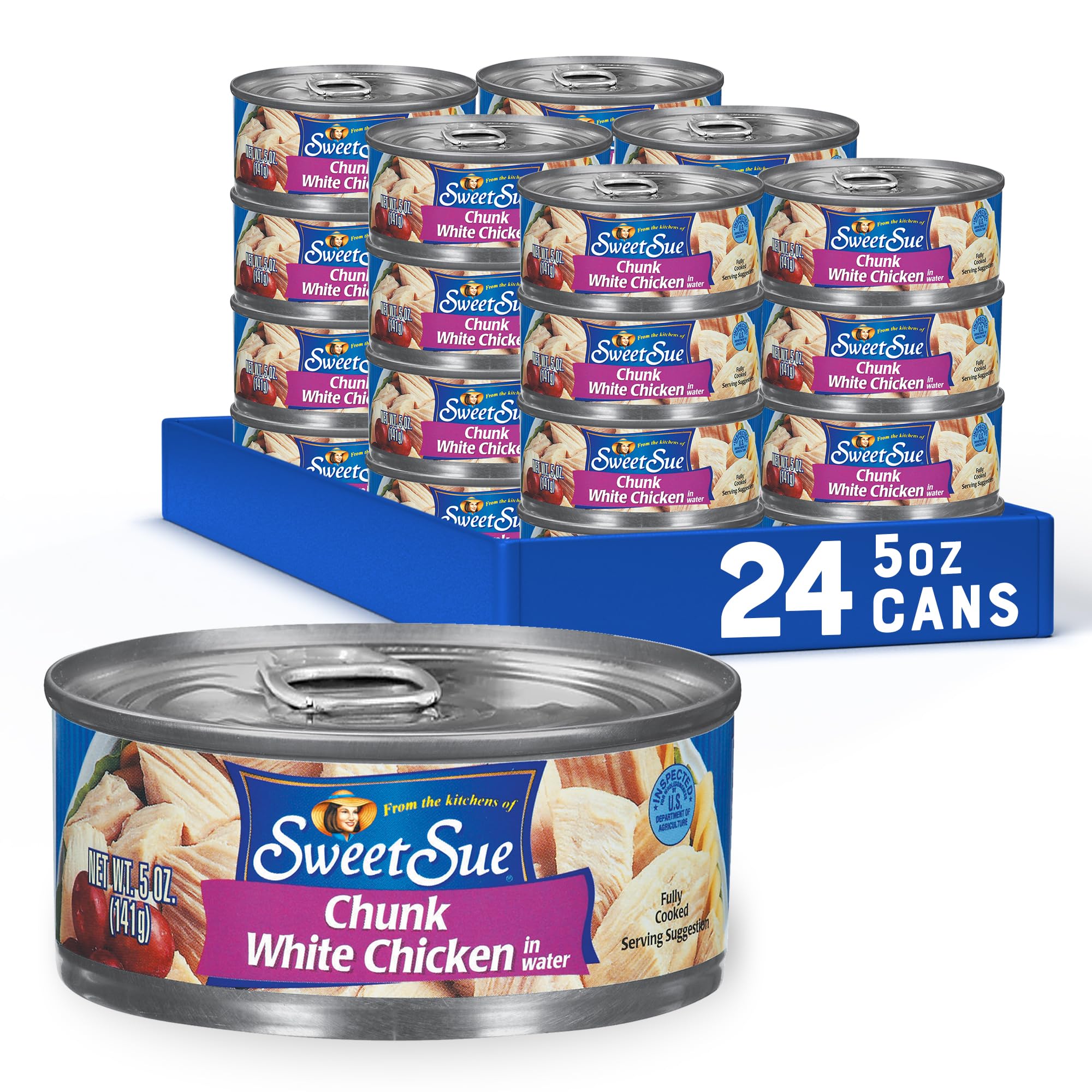 SWEET SUE Chunk White Chicken in Water, High Protein Food, Keto Food and Snacks, Gluten Free Food, High Protein Snacks, Bulk Canned Food, 5 Ounce Cans (Pack of 24)