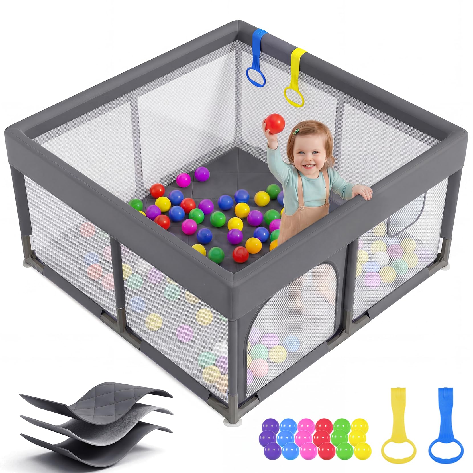 Dripex parc bébé,parc bebe modulable - Small, (grafite) | 124x124cm, avec Tapis Intégré, Piscine à Balles, Parc Enfant Oxford 2100D, 2 Anneaux